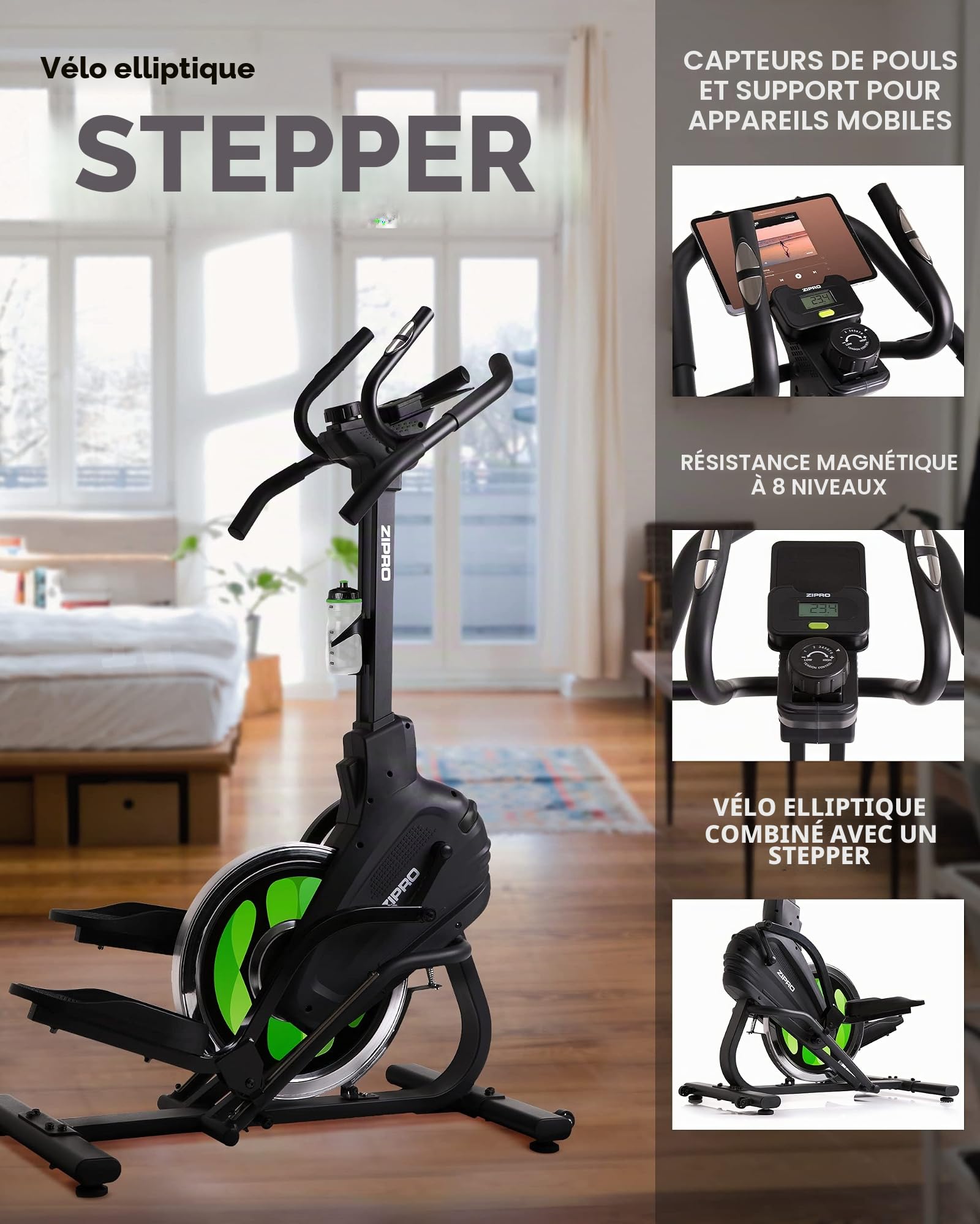 Zipro Crosstrainer Climber, elliptique jusqu'à 120 kg, équipement d'entraînement Cardio à Domicile, Appareil de Fitness, Machines d'exercice, vélo elliptique, 8 Niveaux de résistance