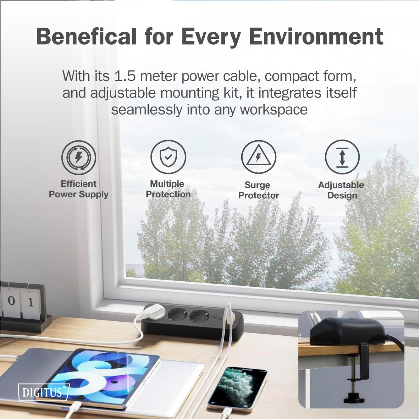 DIGITUS DA-70625 - Multiple socket outlet with USB - 2x USB-A, 1x type-C - 3x socket outlet - IP20 - short-circuit and surge protection - clamp mount for tables - black