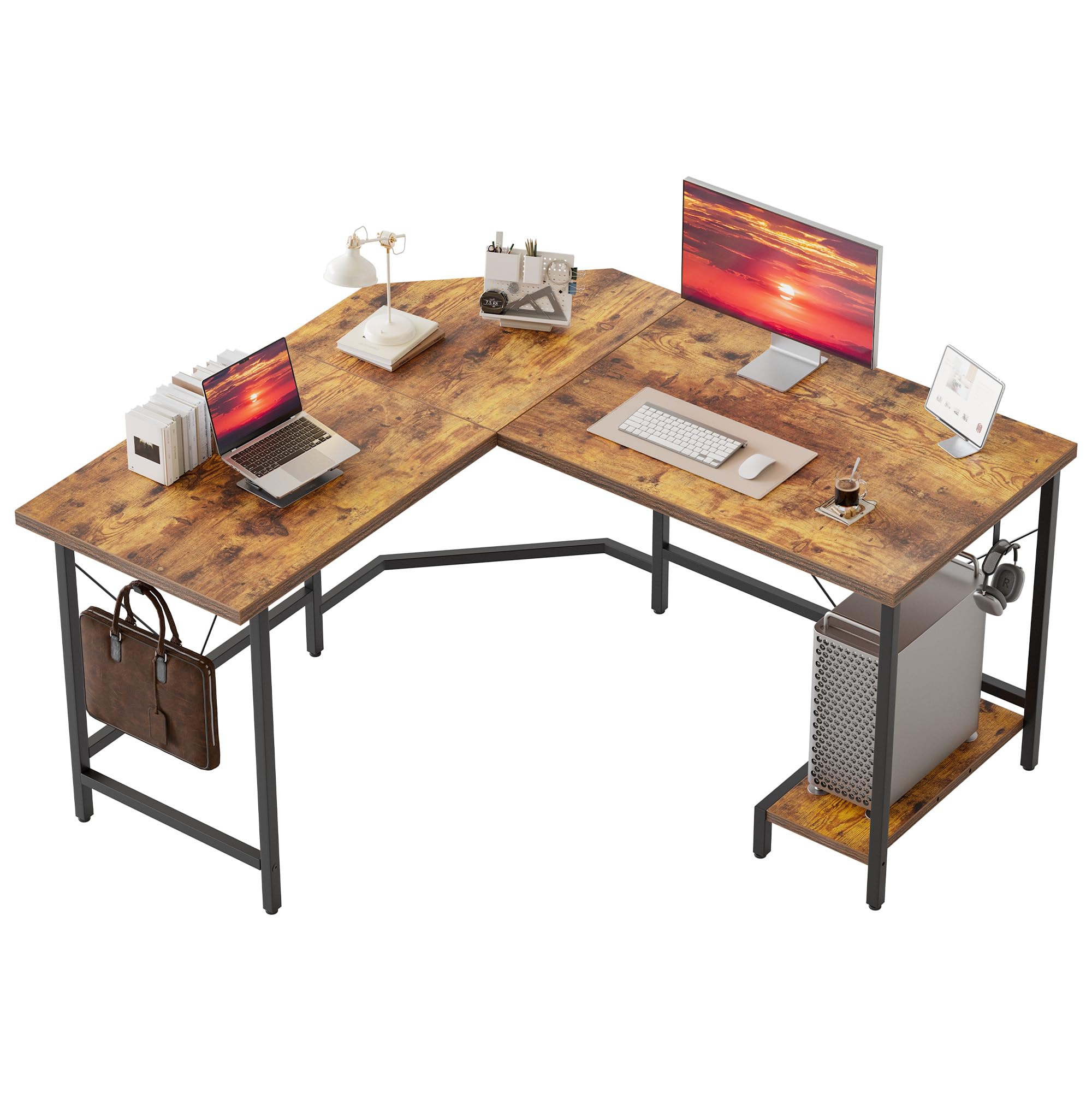 Mericonia L Shaped Desk, 120x110 cm Corner Gaming Desk for Home Office, Computer Desk Sturdy Writing Workstation for Small Space, Easy to Assemble, Brown
