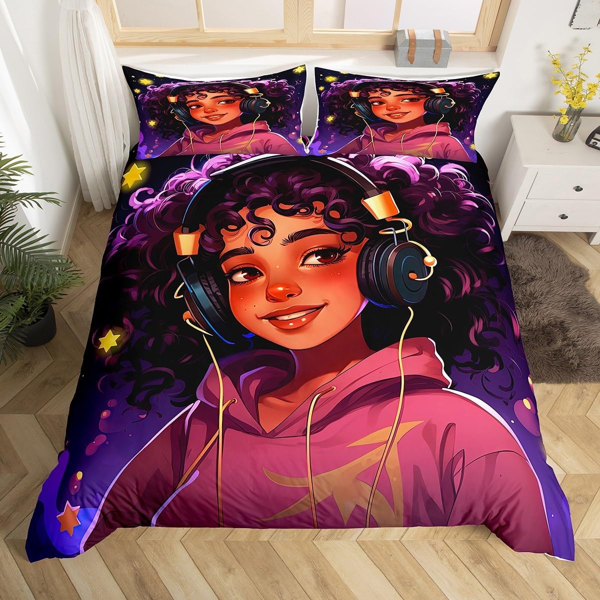 Black Girls Twin Bedding Sets for Girls,Cartoon Unicorn Comforter Cover American African Kids Duvet Cover,Afro Hair Girl Princess Melanin Bed Set Magical Animal Dreamy Horse Kawaii Room Decor