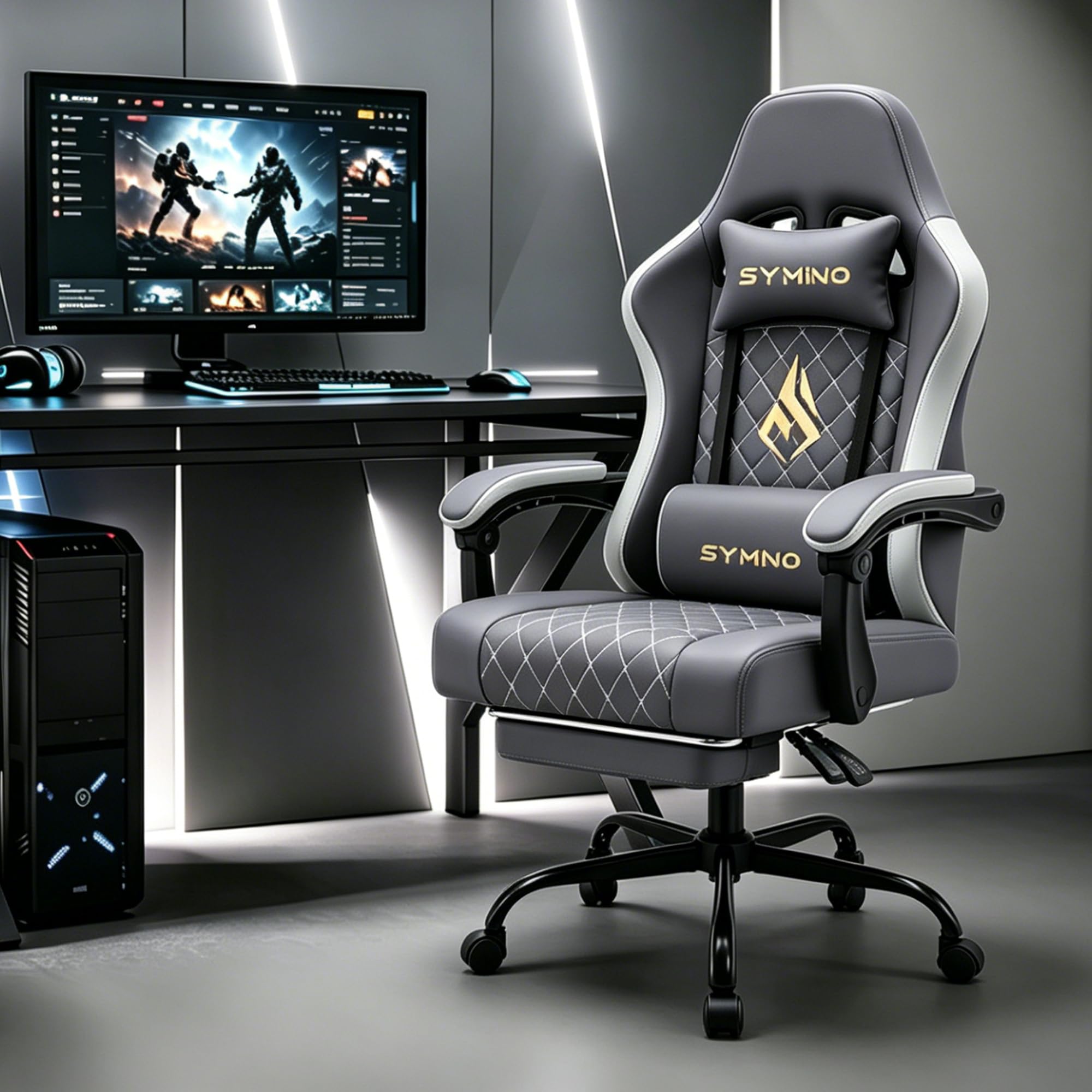 Symino Sedia Gaming con Poggiapiedi, Braccioli Collegati e Seduta da 10cm, Sedia Ergonomica da Ufficio in Pelle PU, Reclinabile 150° per Computer e Gioco