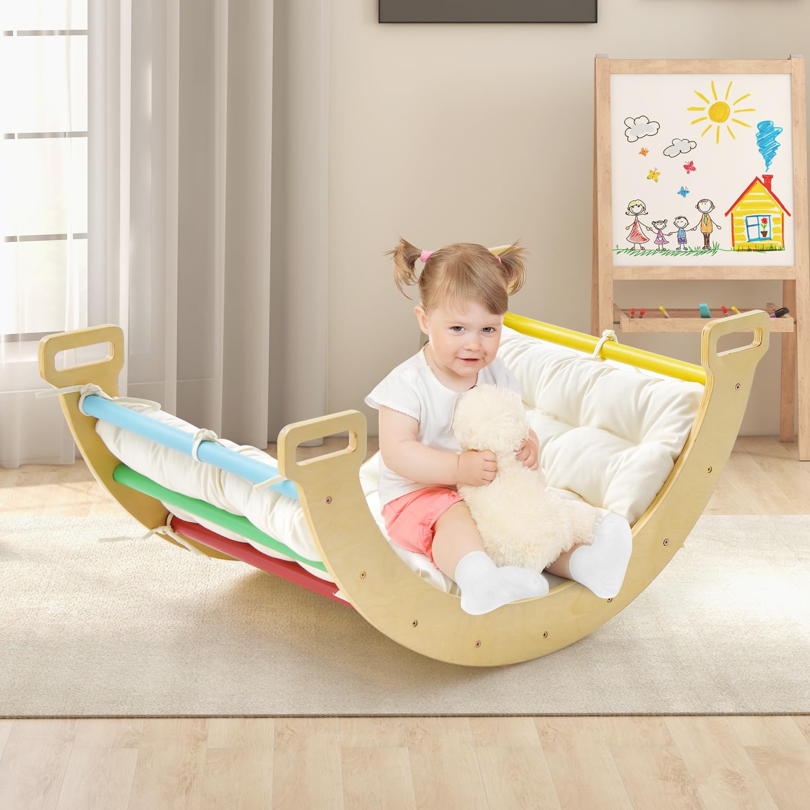 LIFEZEAL 3 en 1 Arche d'escalade en Bois, Carde à Grimper pour Enfants Intérieur, Bateau à Bascule avec Coussin Doux à Double Face, Charge de 50 kg, 1+ Ans,Coloré