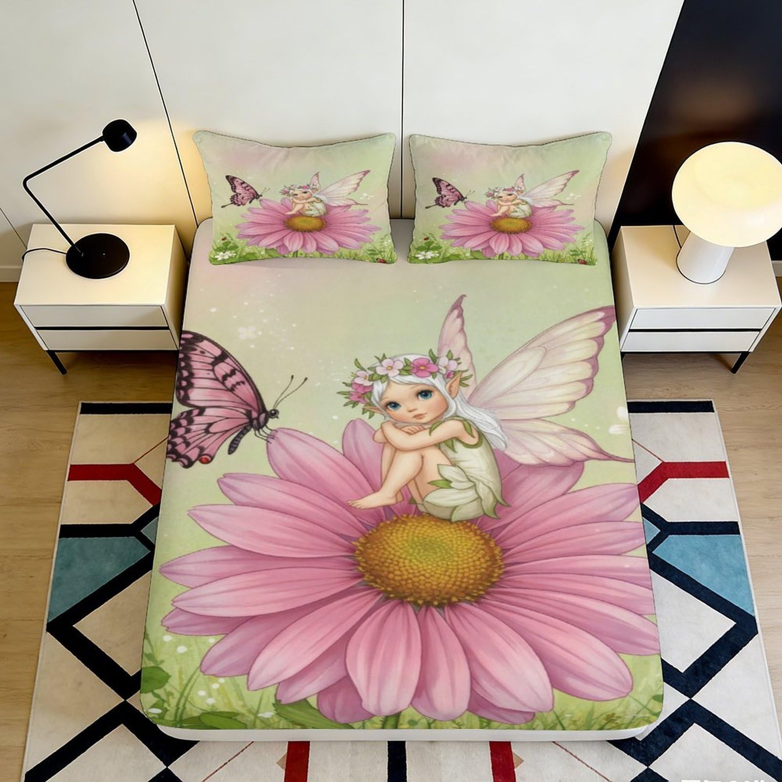 3D Printed Fairy Flower Fitted Sheet Microfiber Pink Butterfly Bed Cover for Bedroom Dorm Mattress Protection Decor 200x200x25cm