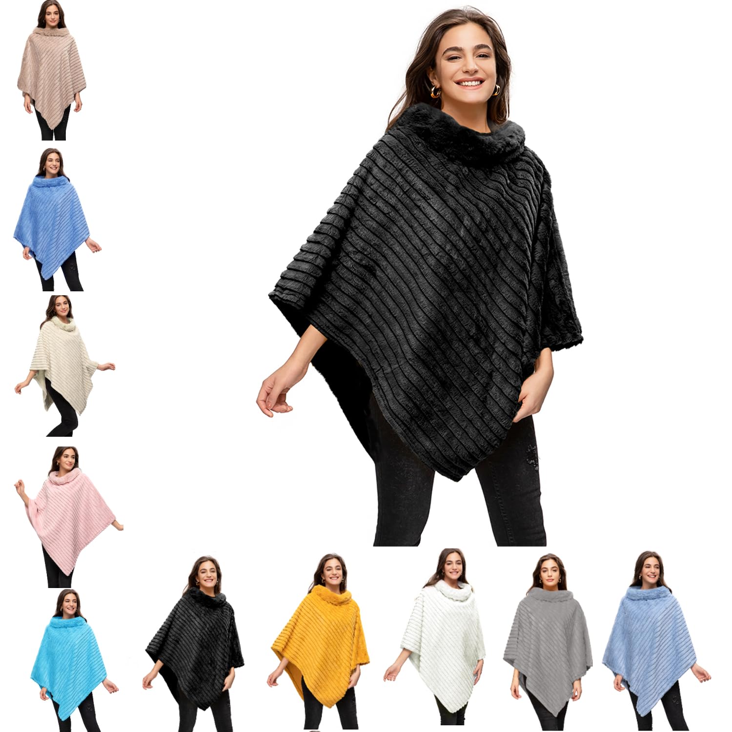 Glamexx24 Femme Poncho d'hiver Elégante Chaud Manteau en Fausse Fourrure Tricoté Col Rond Veste épaisse Cape Automne Hiver Cadeau