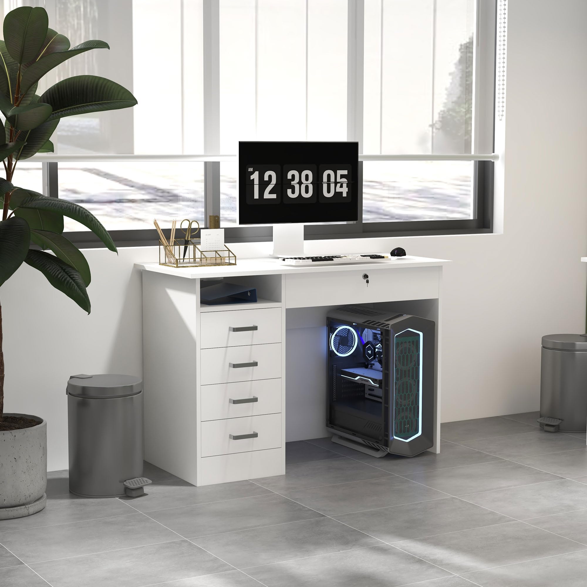 HOMCOM Scrivania Moderna con 5 Cassetti per Ufficio 110x50x76cm Bianco | Scomparto Aperto, Scrivania per Studio, Serratura con 2 Chiavi