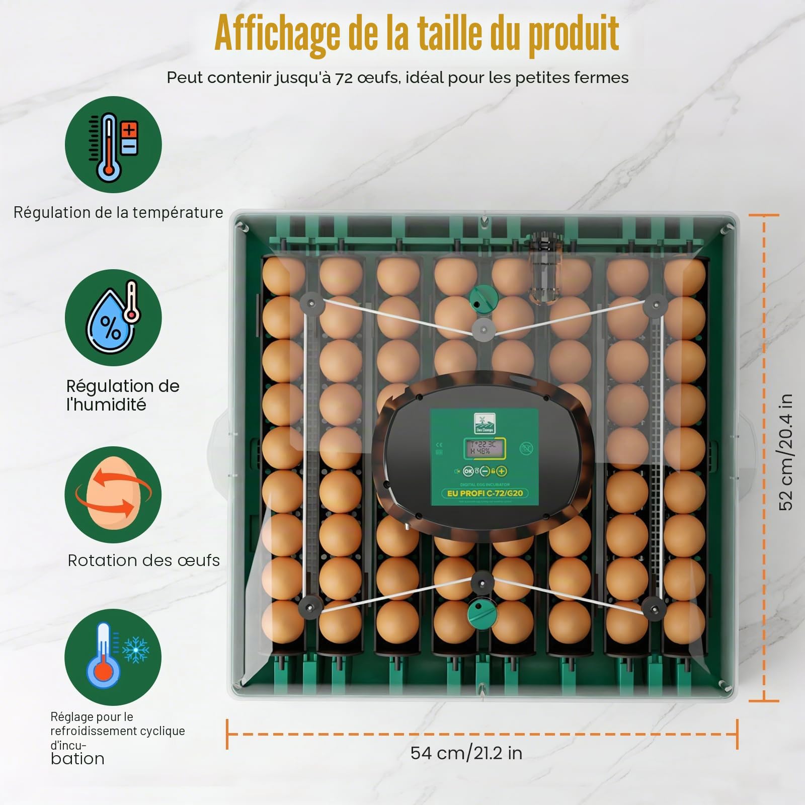 Couveuse Automatique 72 Œufs, Incubateur Professionnel avec Contrôle de Température et de L’humidité, Couveuse pour Poulets Canards Cailles