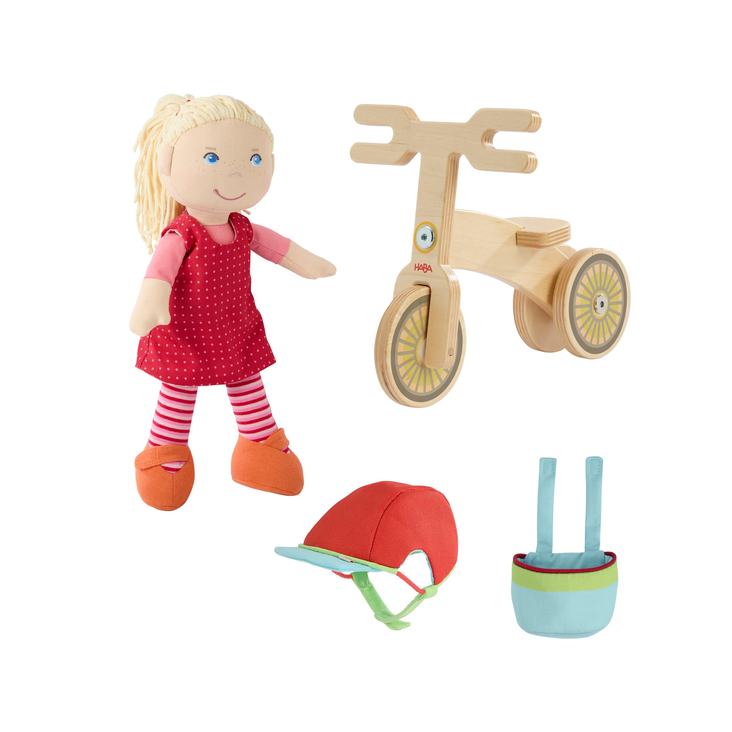 HABA Laufrad-Set Annelie – Puppen-Set mit Puppe Annelie, Holz-Laufrad ,Fahrradhelm und Korb, für Kinder ab 18 Monaten – 2011906001