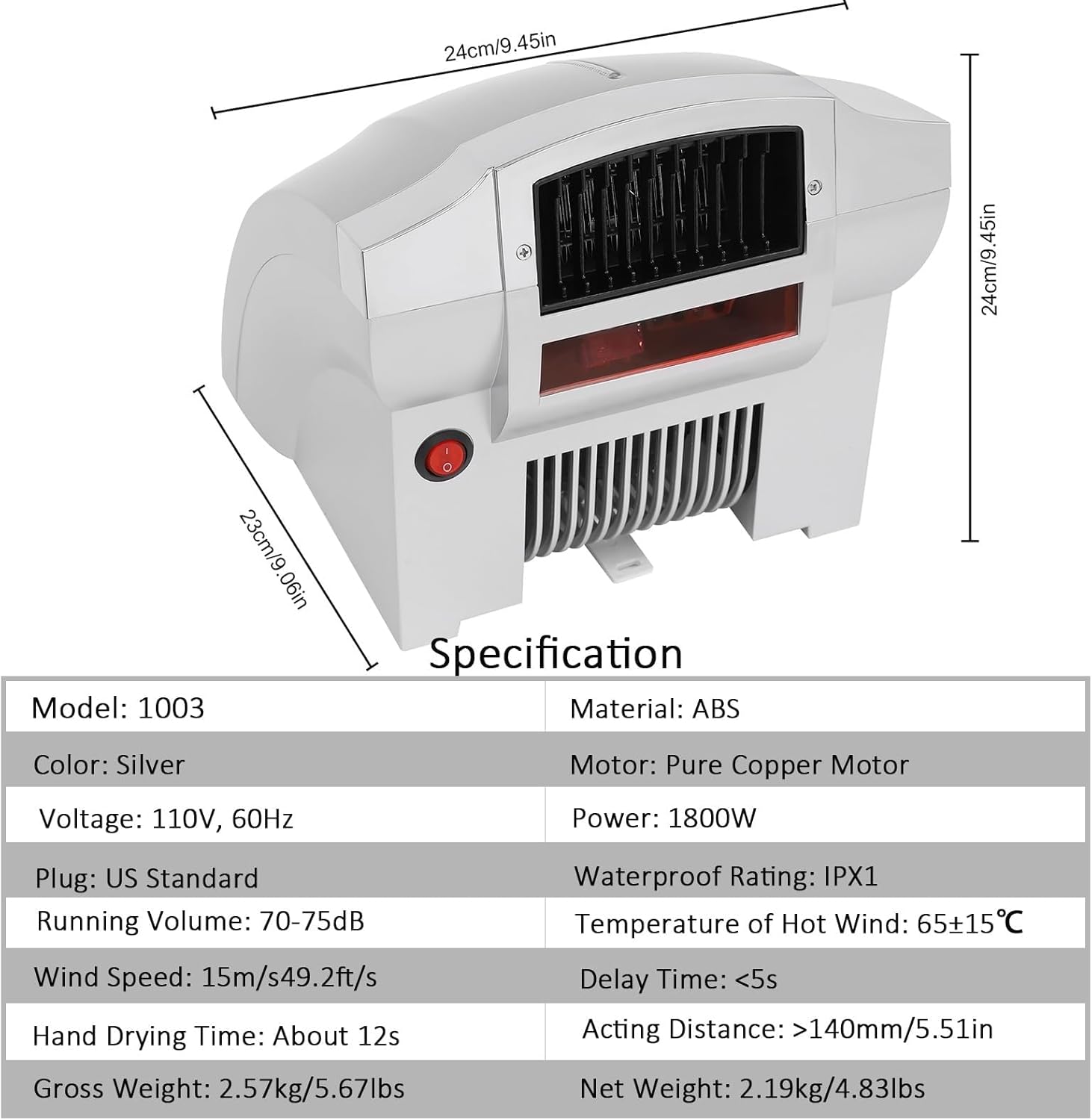 Electric Hand Dryer, Automatic Induction Hand Dryer with LED Timing Light, Hot and Cold Air Commercial Hand Dryers, 1800W High Speed, Quiet Noise Reduction for Toilet, Bathroom (Color : Gray)
