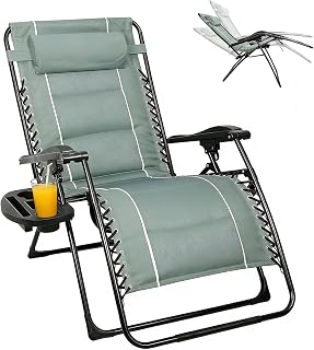 Sonnenliege Liegestuhl Klappbar, 85 cm Extra Breit Gartenliege Klappbare, Gartenstuhl mit Getränkehalter & Nackenkissen, Klappliegestuhl Relaxliege Verstellbarer Rückenlehne, Bis 150kg (Graugrün)