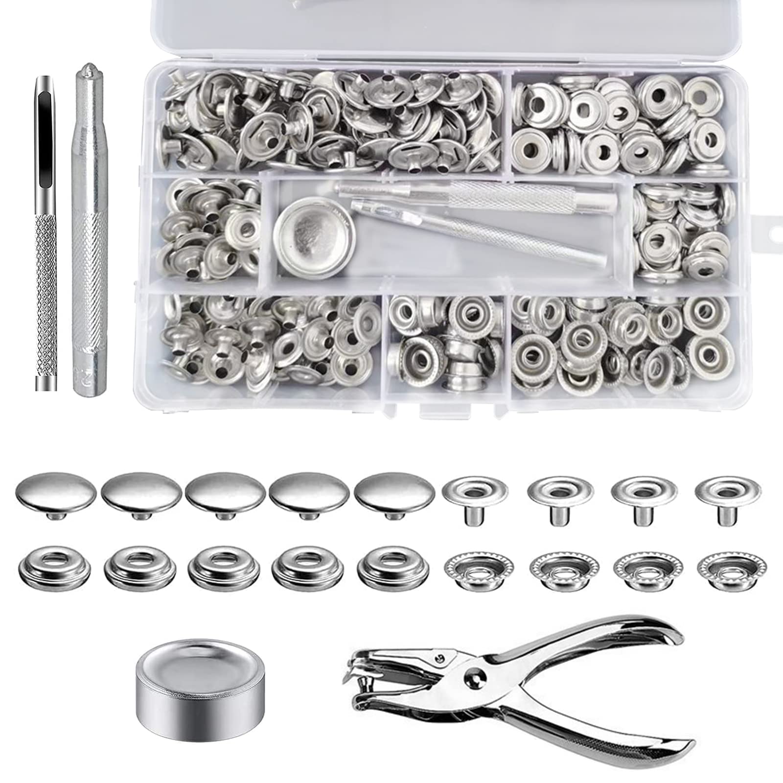 RICEEL Snap Fastener Kit, 200 Sets 15mm Metal Sew-on Snap Fasteners Stainless Steel Snap Button Press Stud Cap Pliers and 3 Setting Tools Leather Fabric Canvas Bags Jeans Clothes, silver