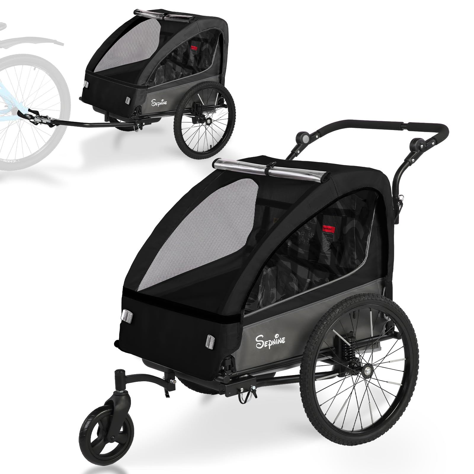 SEPNINE® Remorque et Poussette 2 en 1 avec Suspension, remorque de vélo pour 1 à 2 Enfants, Fonction Jogging, Pliable, Coffre spacieux (Noir)