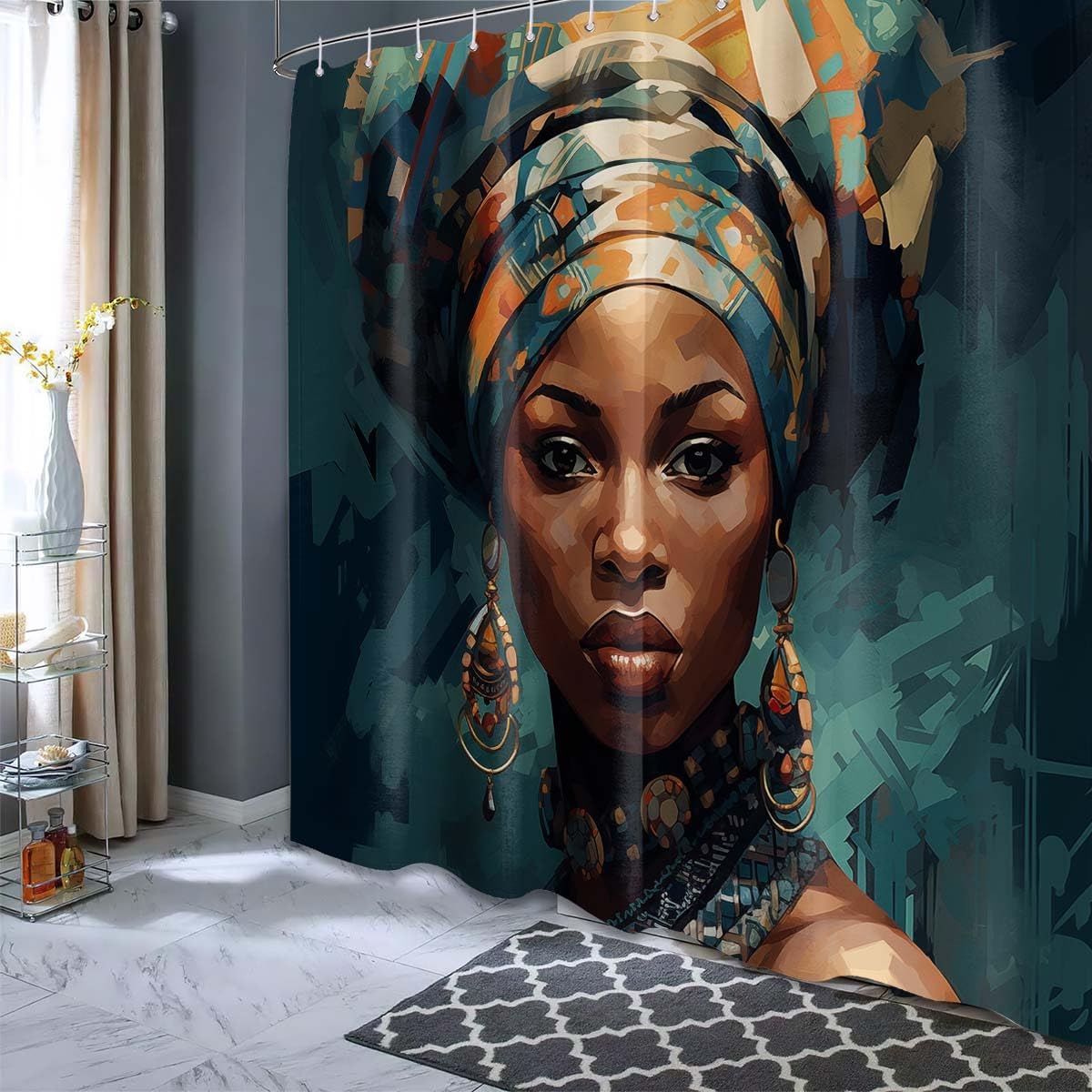 Black Woman Shower Curtain, African American Shower Curtains for Bathroom Decor Dark Teal Afro Black Art Afrocentric Bath Curtain Set, Waterproof Fabric with Hooks (70''W x 84''L)