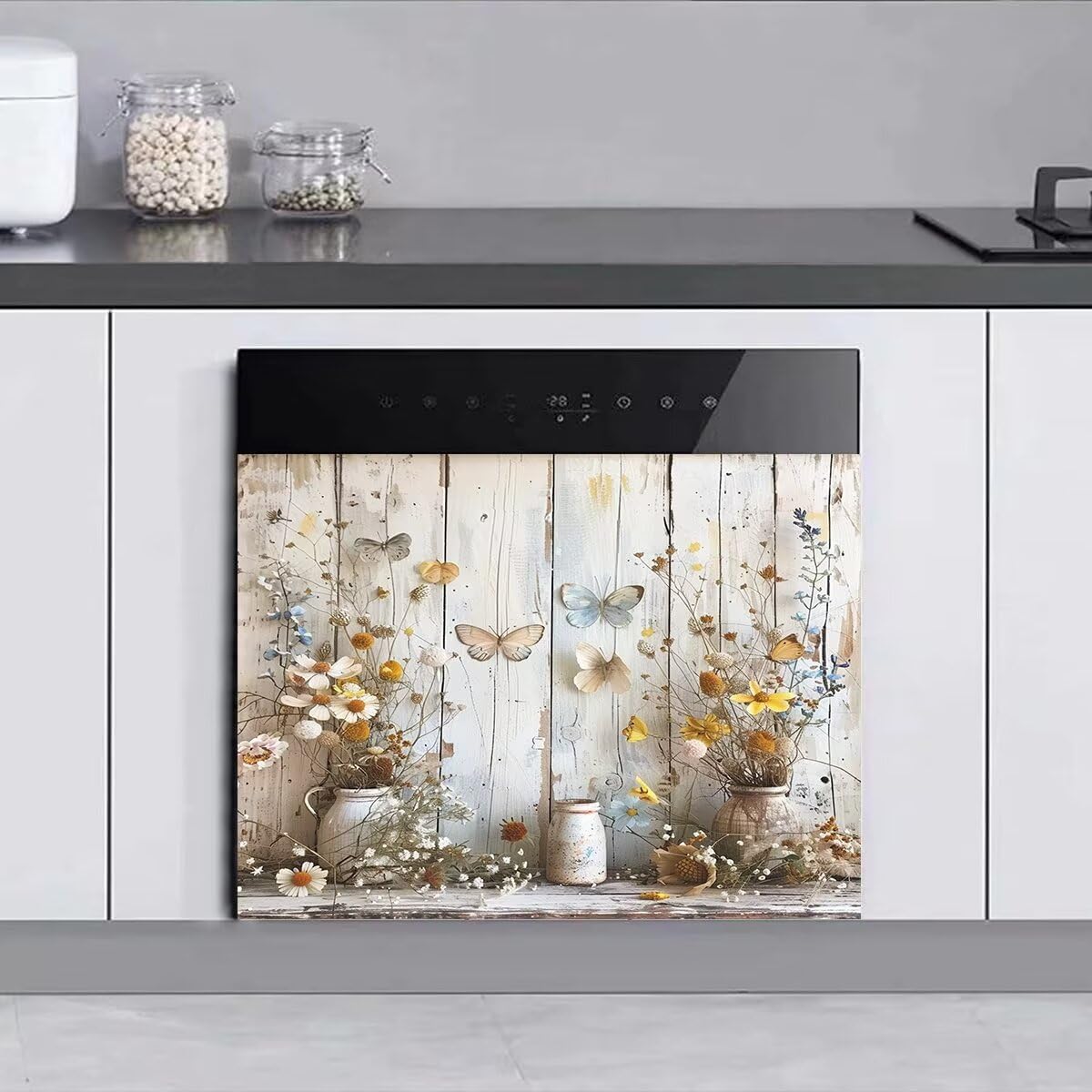 Flowers and Butterflies Magnet Dishwasher Door Cover Sheet,Vintage Wooden Magnetic Refrigerator Panel Decal,Farmhouse Dishwasher Magnet Full Cover - 23" x 17" Magnetic