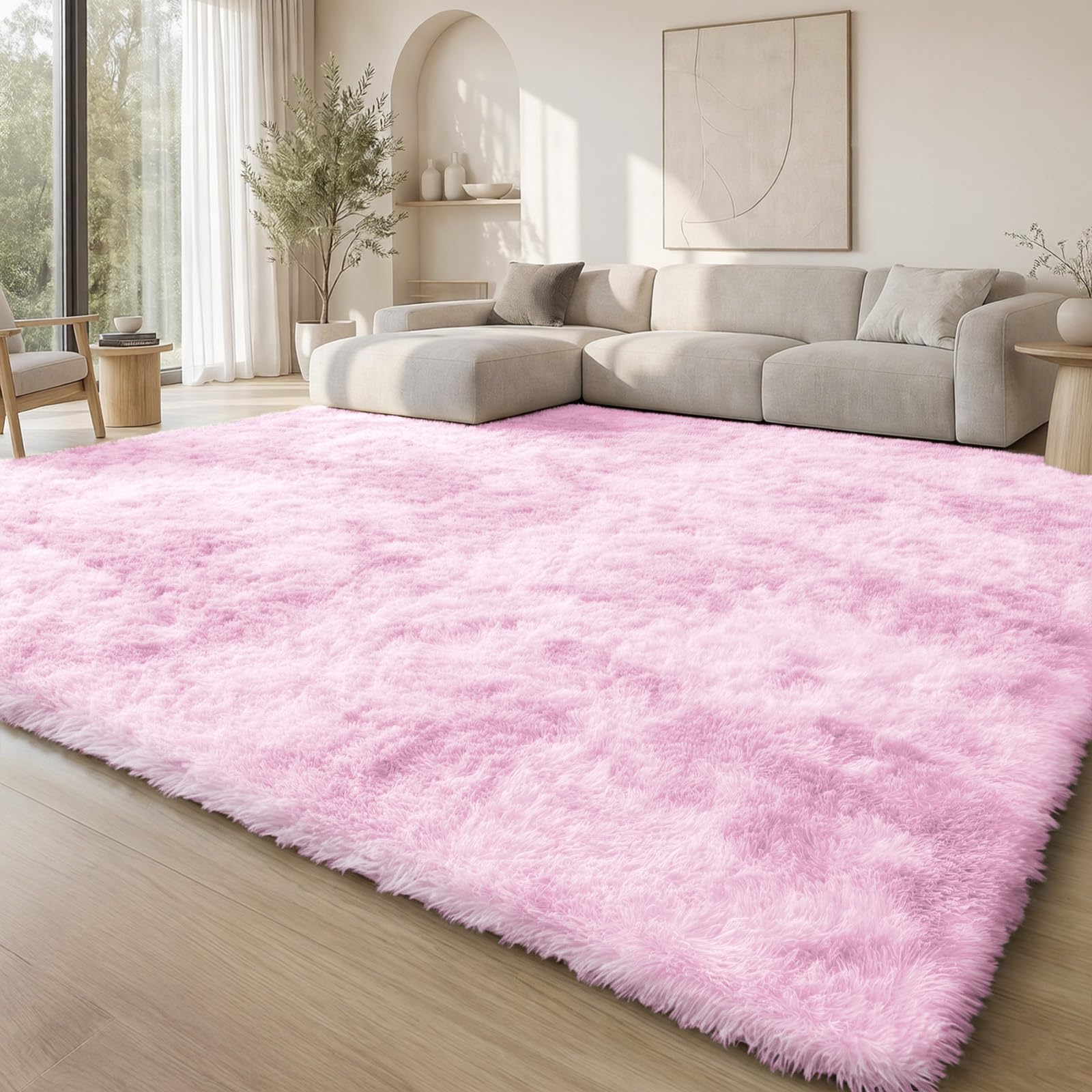 Homaxy Fluffy Shaggy Modern Rug, Anti-slip Washable Large Carpet, Thick Pile Bedside Girls Rugs for Living room, Kids Bedroom, Nursery - Pink, 240 x 340 cm