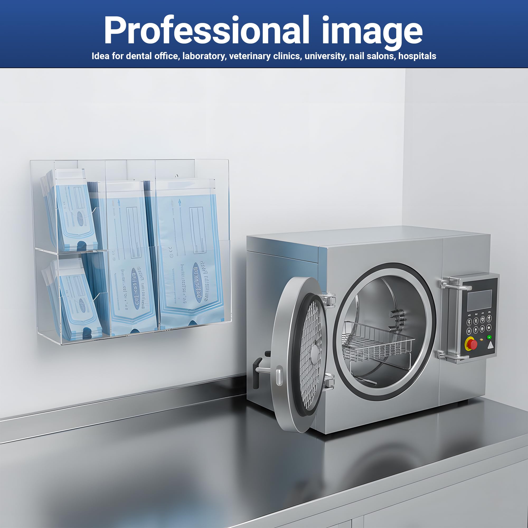 Bolsas de esterilización acrílicas, 4 compartimentos, para autoclave, organizador de bolsas para clínicas dentales, veterinarios y salones de uñas, transparente, 34,8 x 11,5 x 30 cm