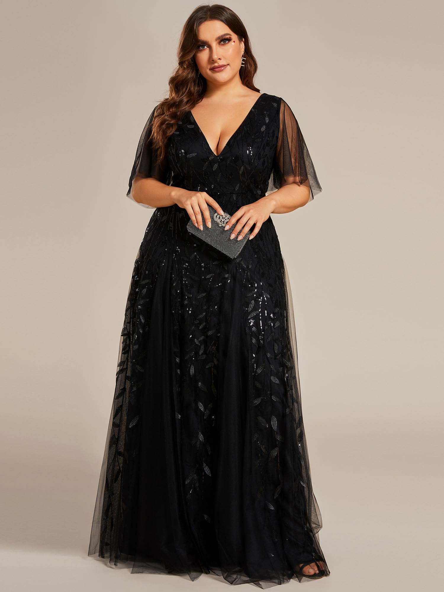 Ever-Pretty Abito da sera formale da donna con scollo a V e paillettes ricamate a una linea di lunghezza al pavimento con maniche