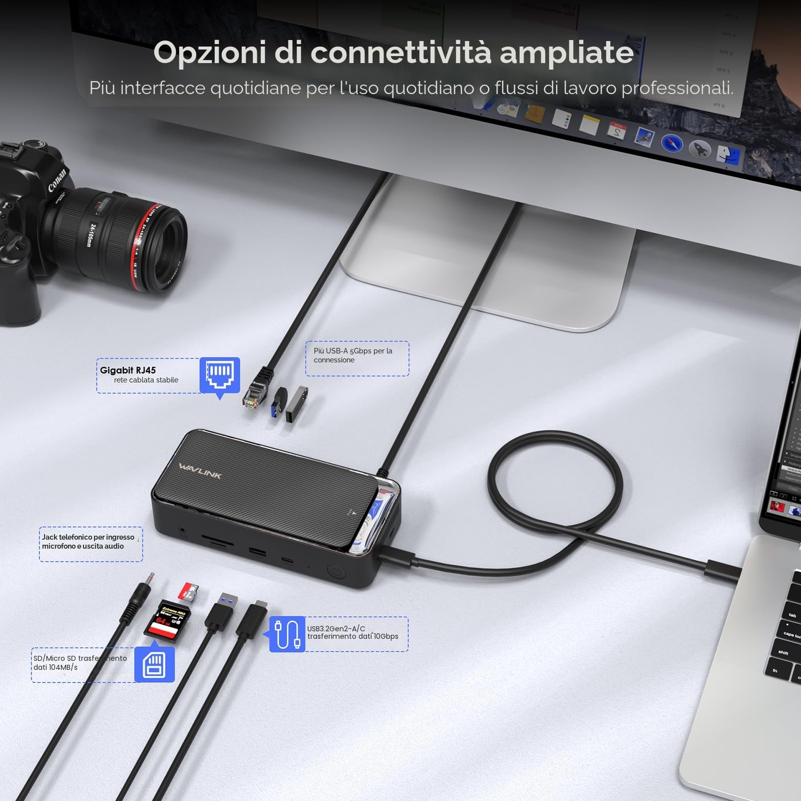 WAVLINK Triple Display Dock, Hub 13-In-1 di tipo C 10Gbps con alloggiamento SSD M.2 PCIe/SATA, supporto 100W PD, 4K@60Hz HDMI/DP, USB C/USB-A Gen 3.2/3.1, SD/TF, Gigabit RJ45 per Windows, Mac OS