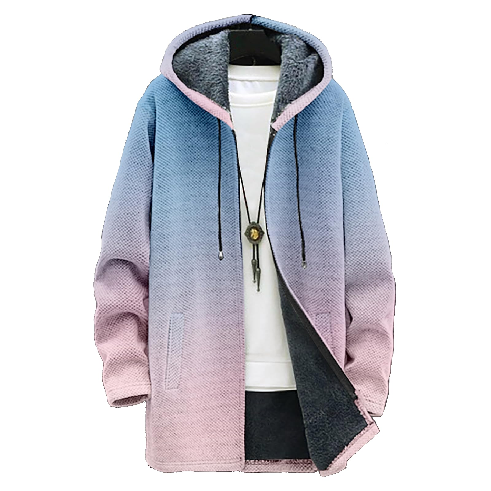 Mens Long Hooded Cardigan Trendy Comfy Soft Long Sleeve Casual Hoodie Fashion Gradient Color Coat with Pockets