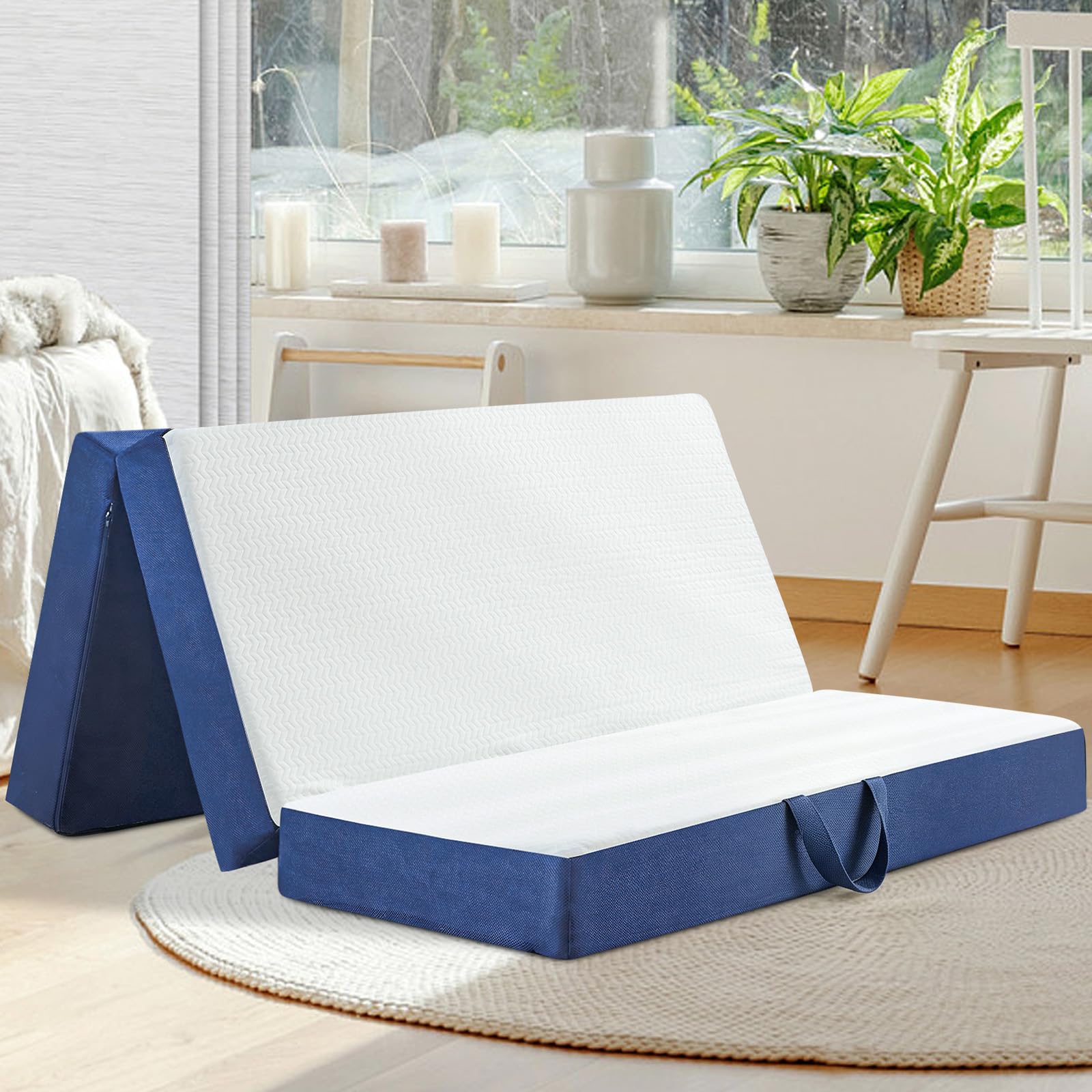 CYMULA Folding Mattress Queen Size, Memory Foam 6 inch Tri Portable Trifold Mattress Futon Topper Queen with Breathable & Washable Cover, Murphy Bed Guest Bed,White,58"x75"x6"