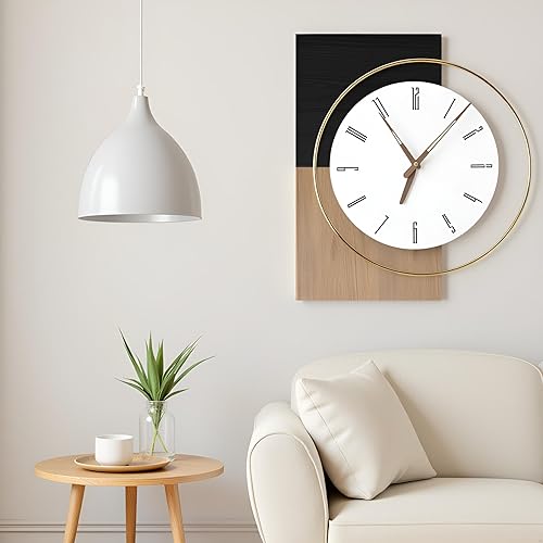 Miniatura 11 de Reloj de pared moderno de mediados de siglo de 24 pulgadas, diseño de metal de marco redondo con centro de madera de nogal, movimiento de cuarzo A -