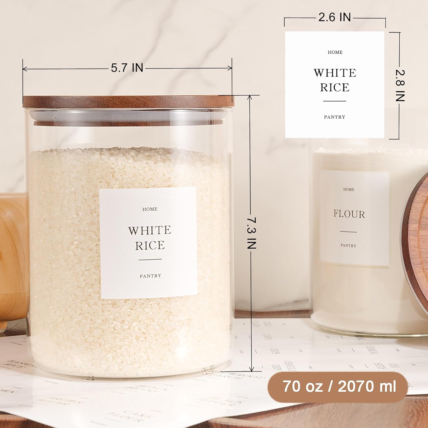 2 Pack Glass Rice Containers with Acacia Wood Lids, 70oz Airtight Flour and Sugar Jars with 105 Labels, Large Glass Pantry Storage Jars for Cereal, Protein Powder, Cookies, Dry Food