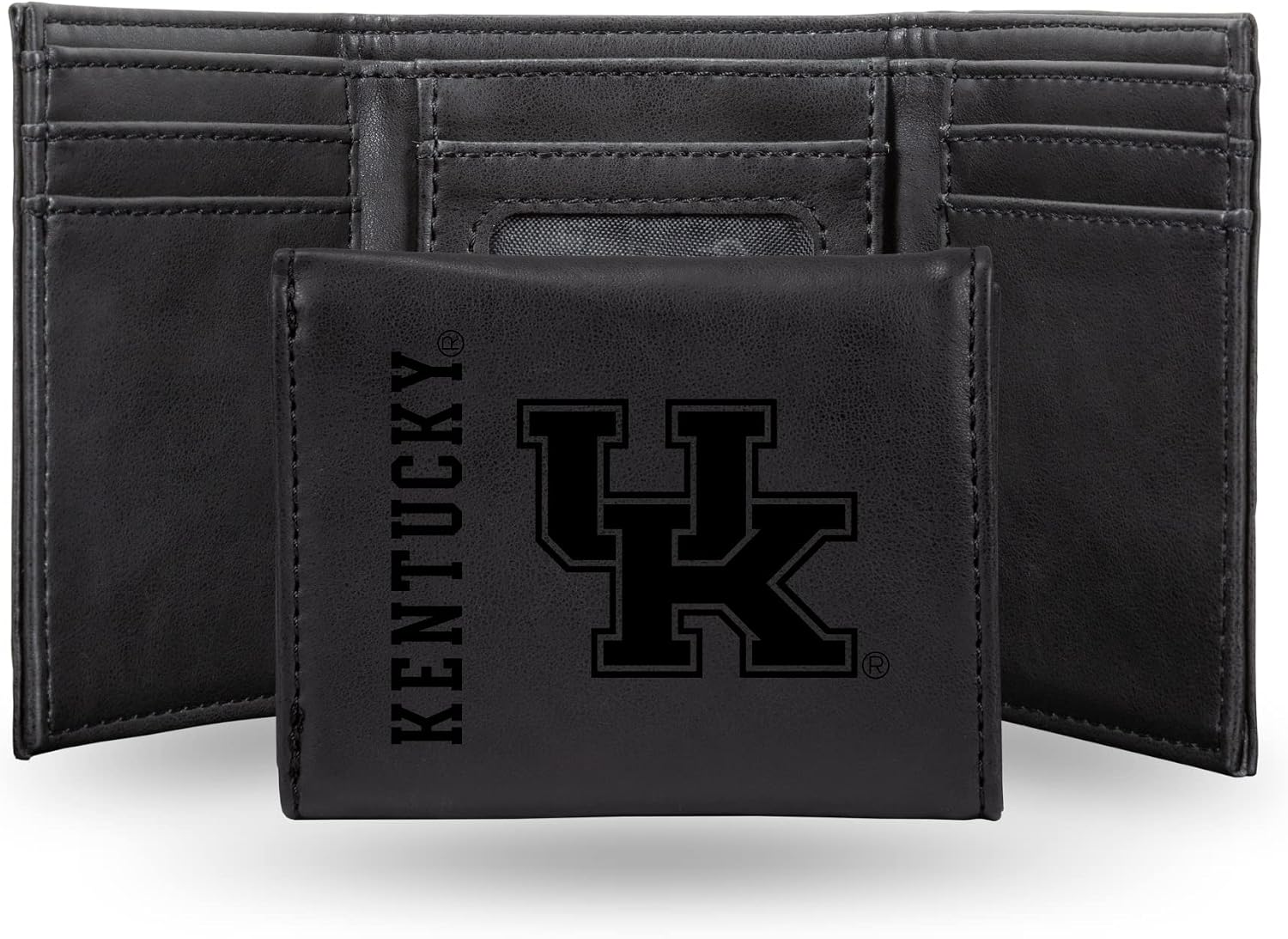 Rico Industries NCAA Kentucky Wildcats Trifold Wallet, Black - Laser Engraved Vegan Leather, 6 Card Slots, ID Window
