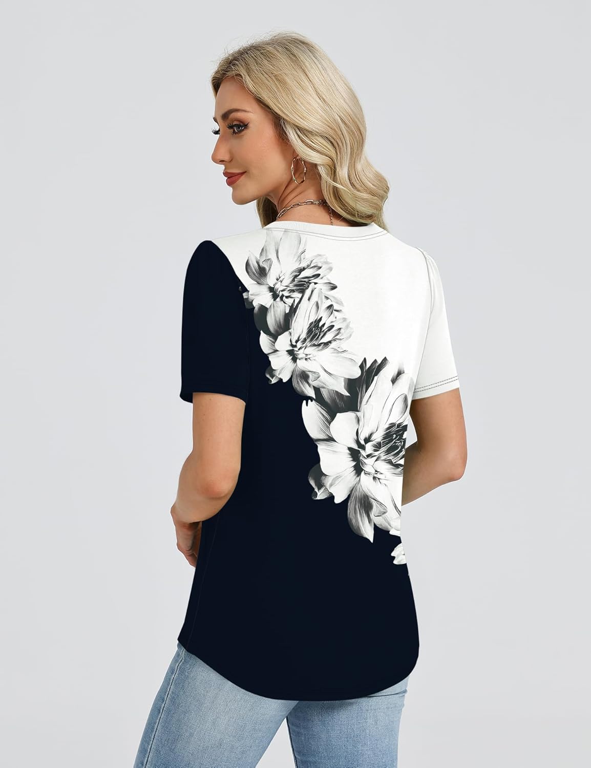 LOMON Womens Tops Dressy Casual V Neck Short Sleeve Shirts Summer Pleated Blouses Button Down Tunic Loose Fit - Image 5