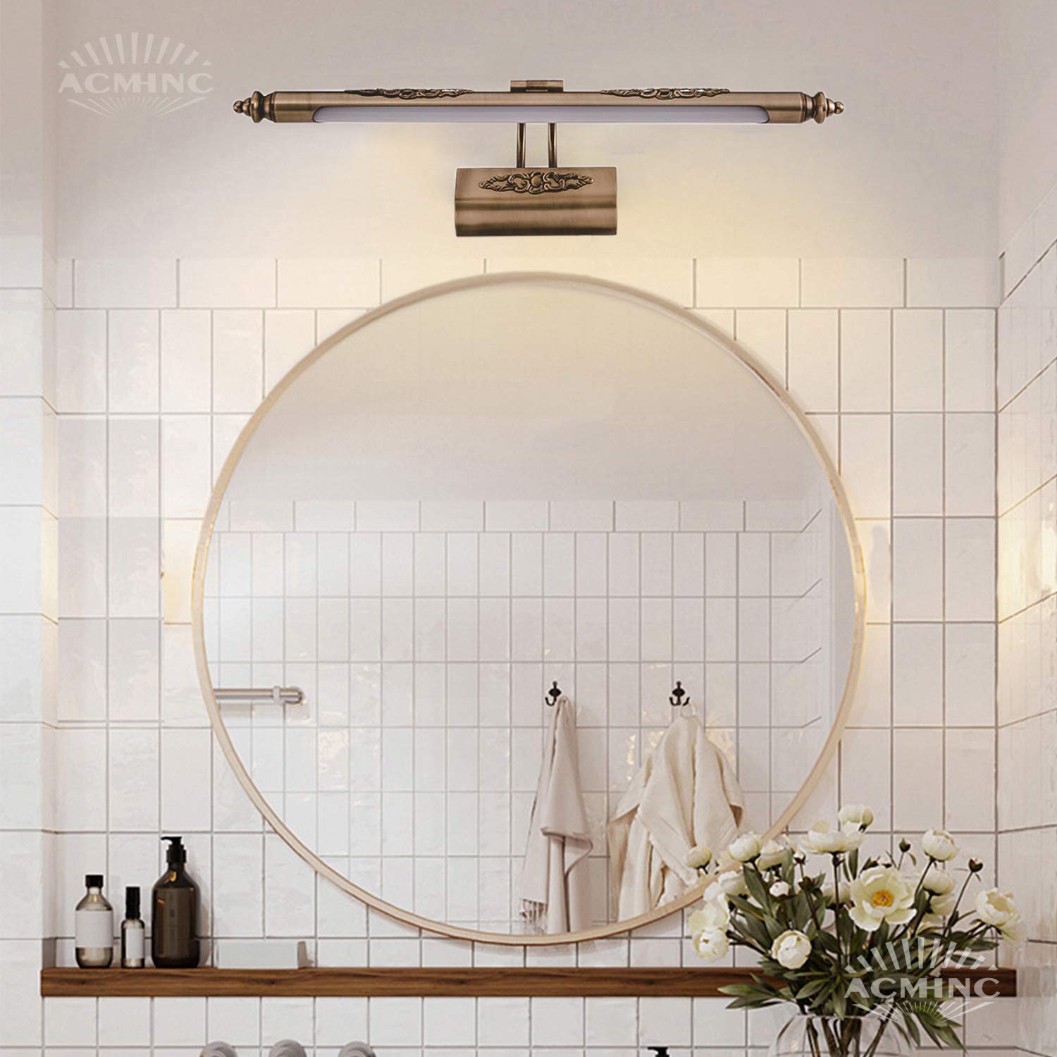 ACMHNC Vintage Spiegelleuchte Bad Mit Schalter Und Steckdose, Braun Golden Badleuchte LED Spiegellampe Badezimmer Wandleuchte Mit Stecker, Einstellbarer Schminklicht 4000K Bilderleuchte,72cm/12w