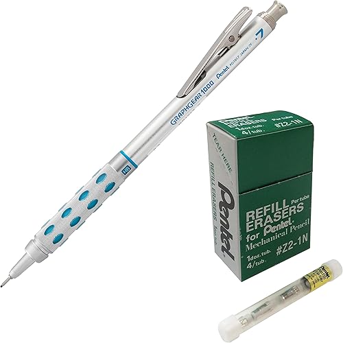Value Set de portaminas Pentel GraphGear 1000 (0.028 in), barril negro, 1 cada uno (PG1017C) y 12 tubos de borradores de repuesto (4 borradores por