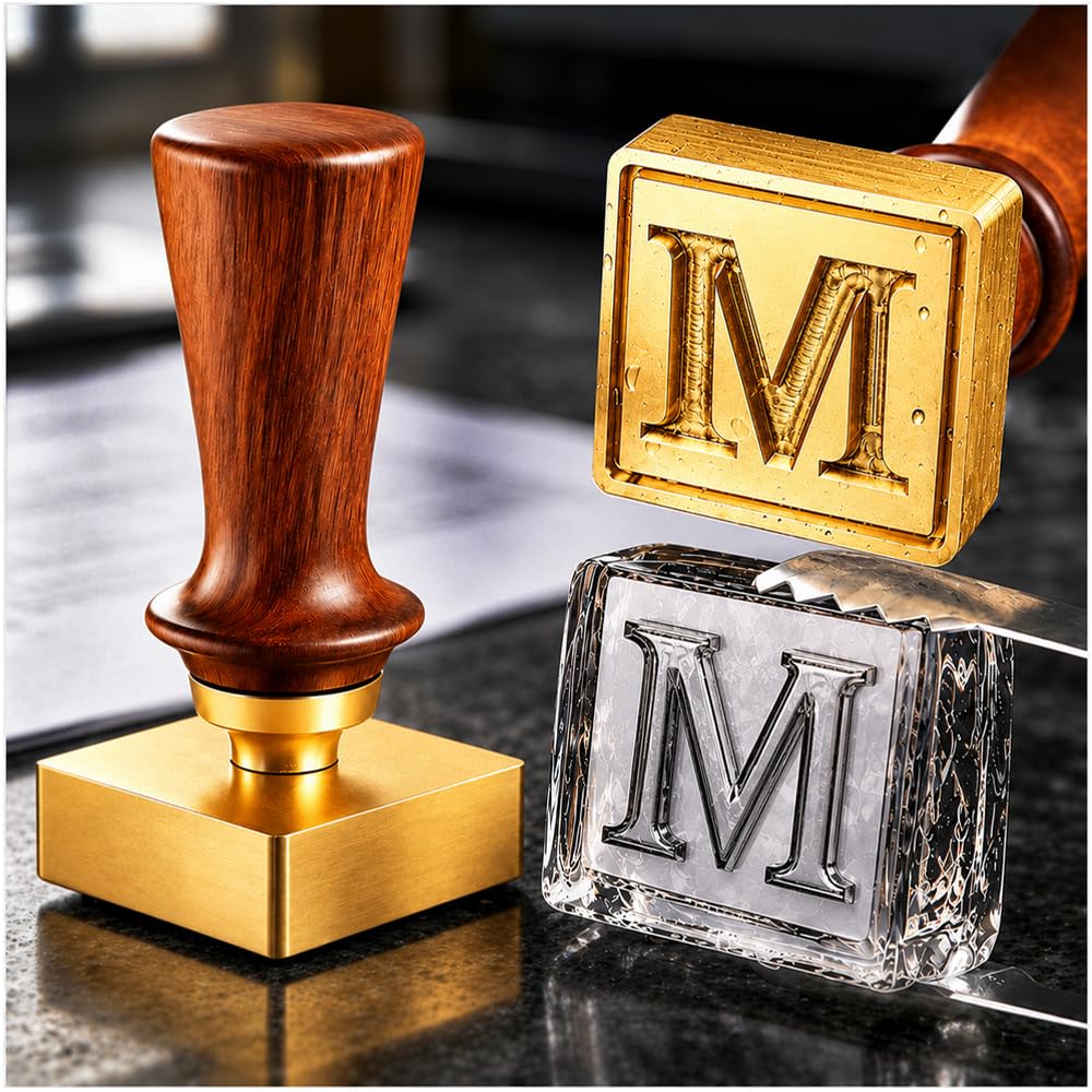 HRCOYES Ice Stamp for Ice Cubes, Personalized Stamp Brass Ice Cube Stamp, Ice Press for Whiskey Cocktails, Custom Stamp Ice Stamps for Cocktails Bar Drinks Parties (Letter M)