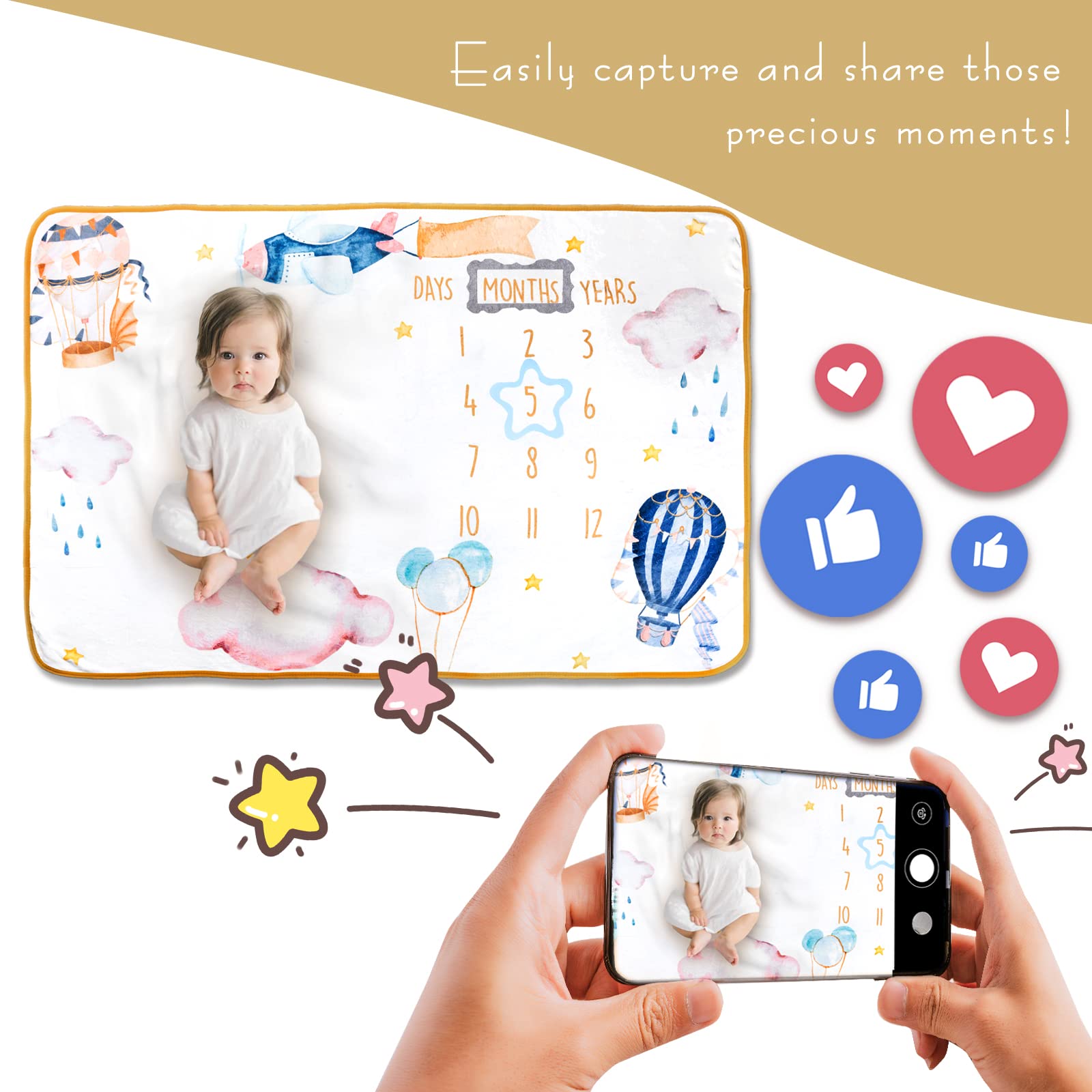 Manta mensual para bebé, niño y niña, manta de fotos para recién nacido, baby shower, manta mensual para fotos de bebé, accesorios de fotografía, captura el crecimiento del bebé, grande, 60 x 40 pies
