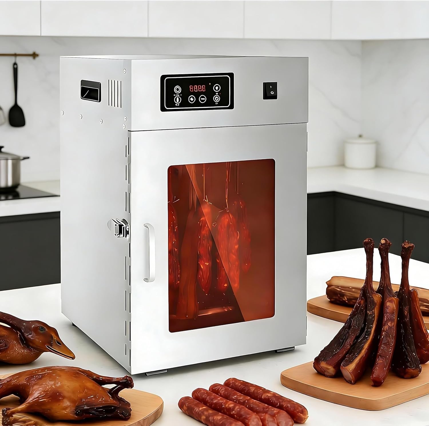 Essiccatore per cecina 7,5 kg, essiccatore girevole a 360° con 14 ganci, macchina per essiccazione elettrica, controllo temperatura 30-90°C e timer 24h, per preparare carne secca salsicce
