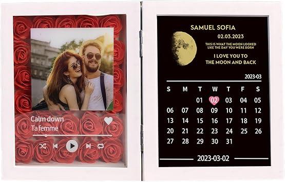 Custom Real Moon Phase Flower Music Shadow Box Personalized Wooden Birthday Moon Phases Frame Day You Were Born Couple Gifts For Anniversary Mothers Day Calendar Moon Phase, Square