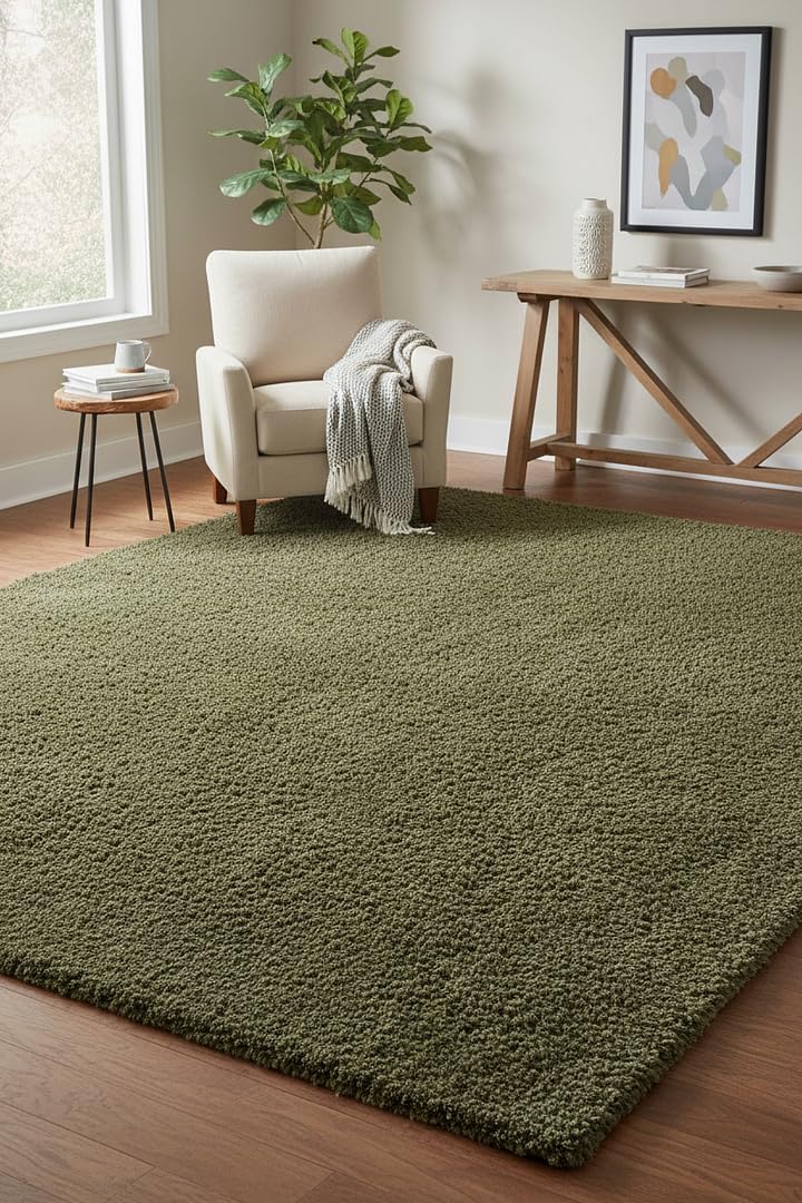 Machine Washable Shaggy Olive Green Rug Plush Soft Carpet for Living Room Bedroom or Entryway with Non Slip Back and Washable Design 200cm x 290cm