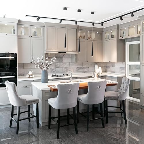 Miniatura 47 de Juego de 2 taburetes de bar de altura de mostrador, taburetes de bar con patas de madera maciza con respaldo, sillas de bar tapizadas de terciopelo