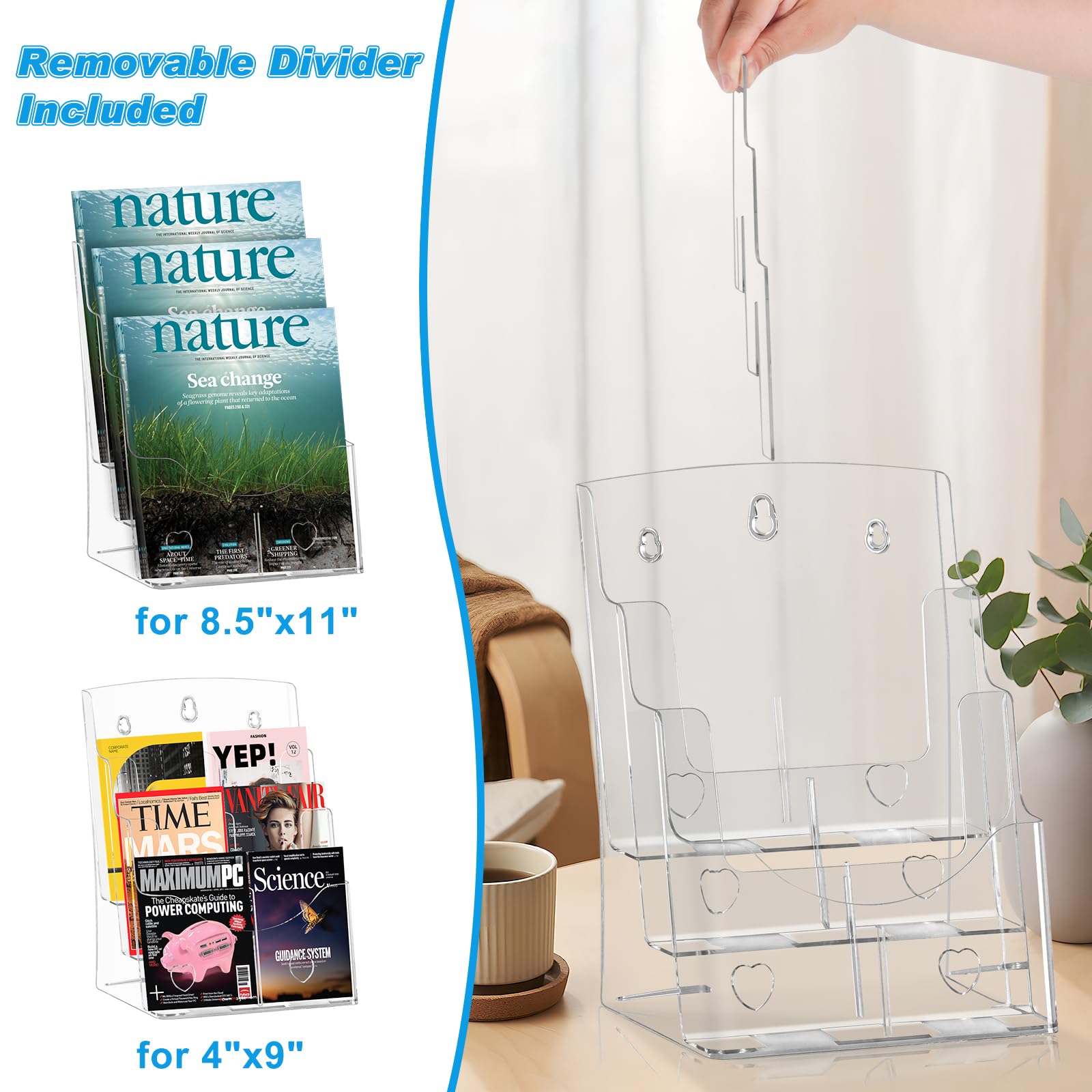 xydstay Soporte acrílico para folletos de 8.5 x 11 pulgadas, soporte de exhibición transparente de 3 niveles, diseño inclinado, soporte de mesa de plástico con divisor para revistas de folleto de 4