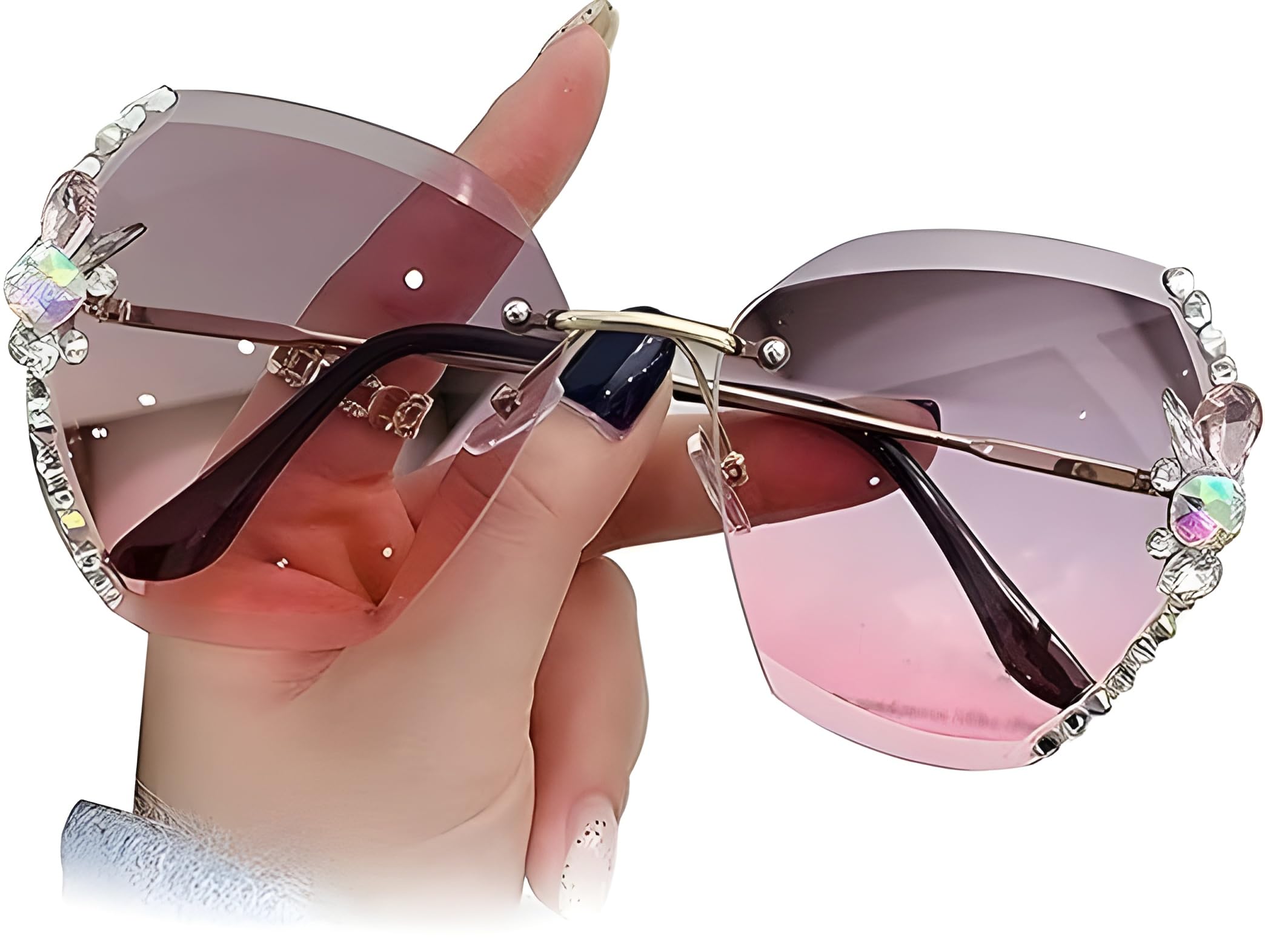 Sunglasses for Women uv400 Protection Goggles for Womens Stylish sunglass for womain with Storage Box Cleaning Cloth Rimless Flower Diamond Cutting Lens Driving Shades for Women (Free Size)