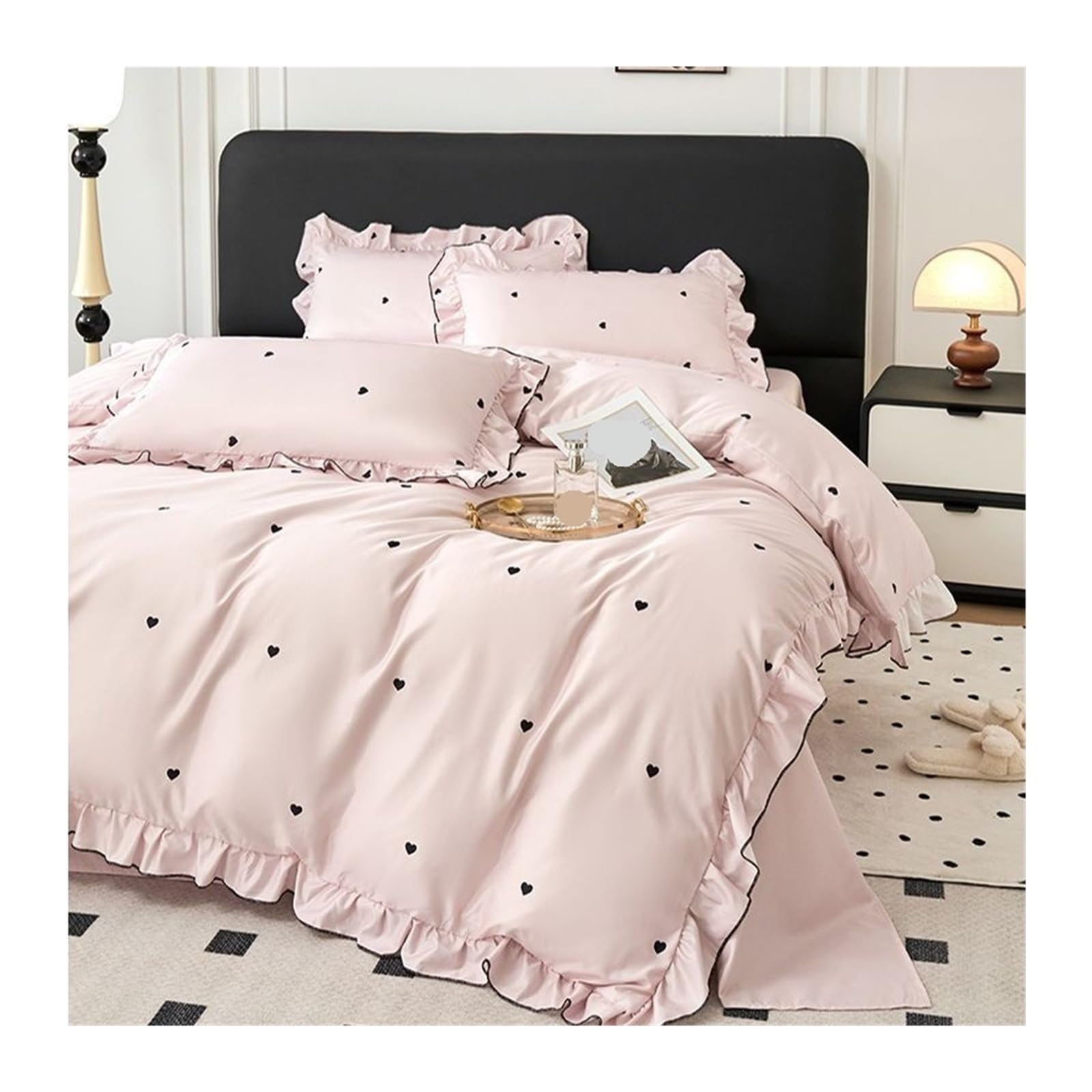 ZHSOAO Lace Duvet Cover Set Dot Print Bedding Ruffles Bed Sheet Pillowcases for Bed(Pink,180x220cm 4pcs)