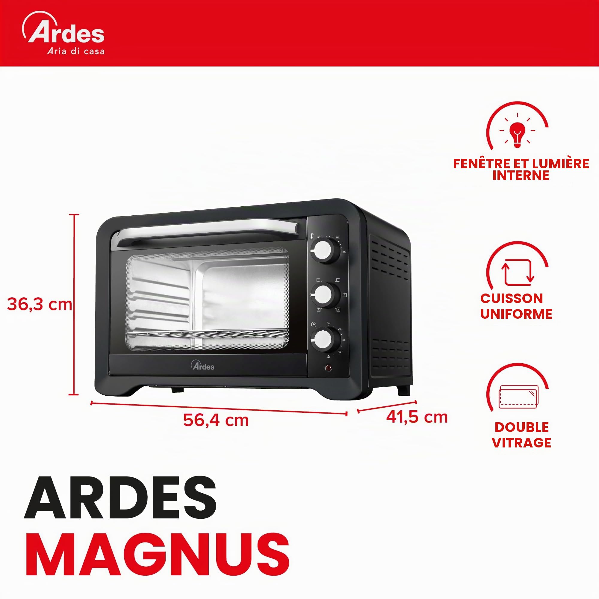 ARDES - AR6245PB Four électrique ventilé Capacité de 45 litres avec lumière interne 6 fonctions de cuisson minuterie double vitrage avec accessoires MAGNUS, Noir