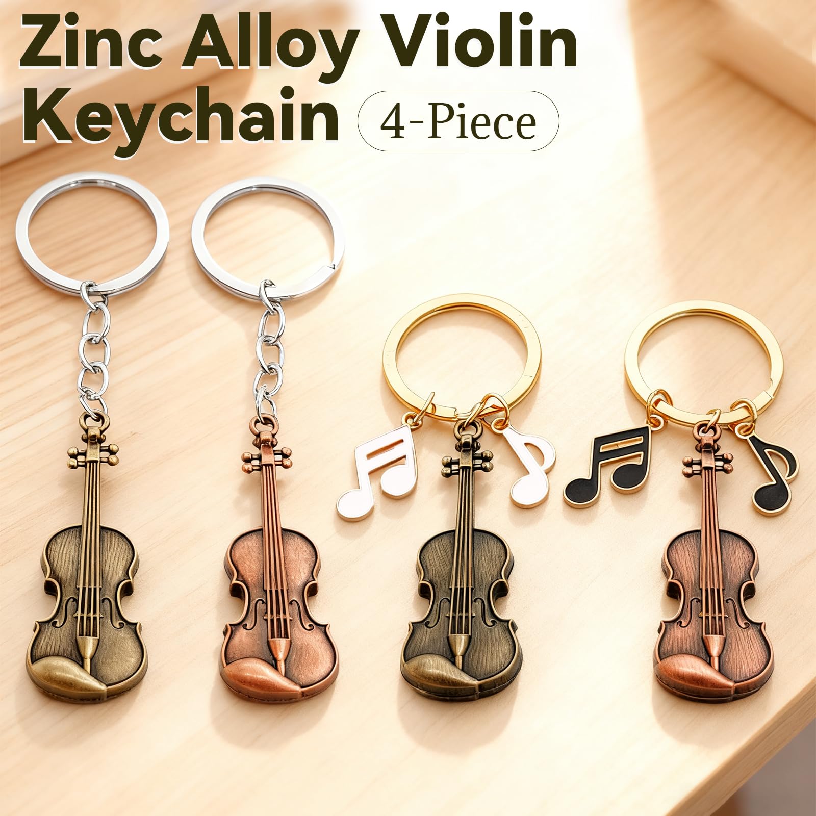 Zinc Alloy Violin Keychain, Weathered Charm in Bronze and Red Copper, Pocket-Sized Tiny Violin Keyring with Musical Notes - 4-Piece Set, Artistic Decor for Music Lovers