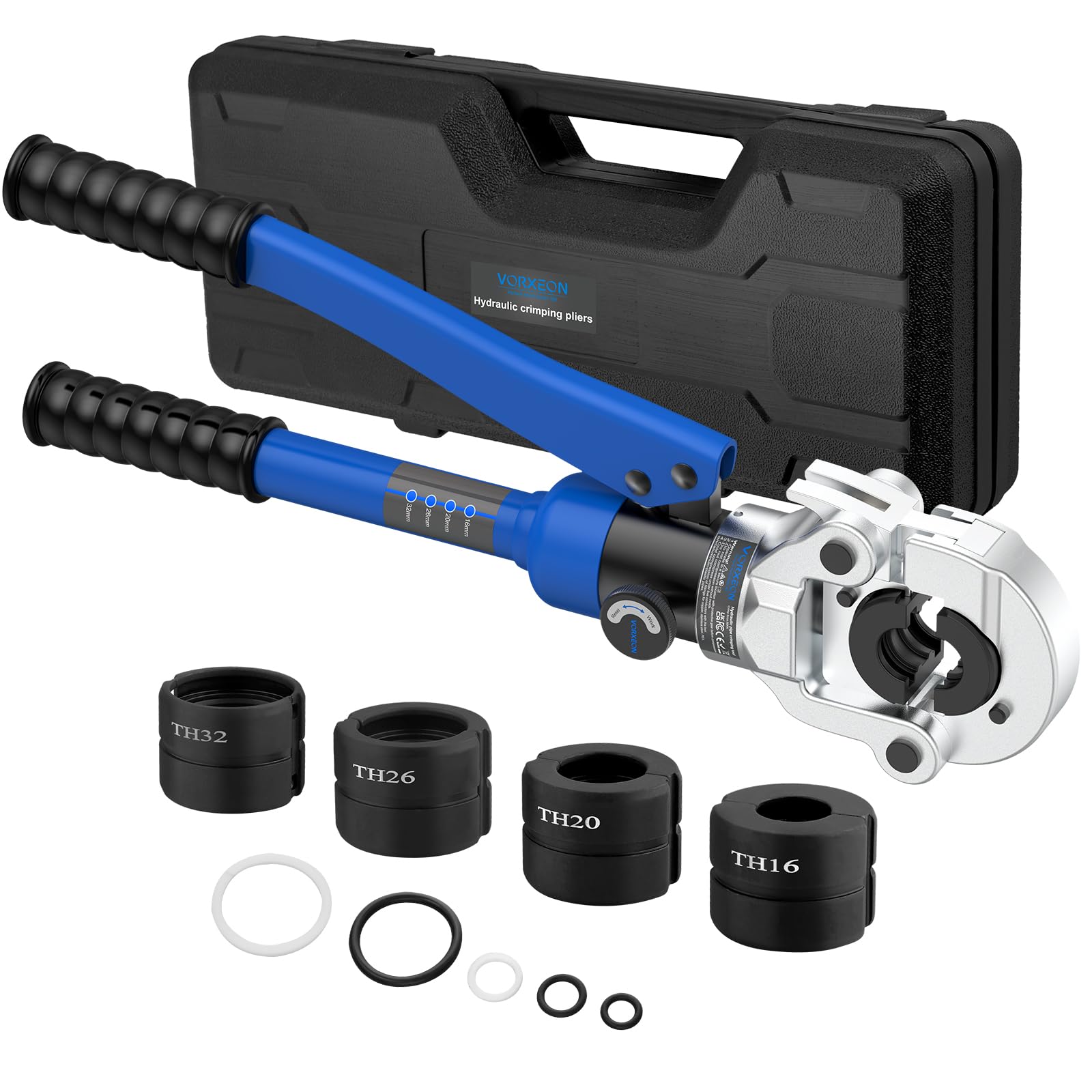 Set 8-Ton Pinza a Crimpare Idraulico con 4 Matrici TH (16/20/26/32mm), Pistola a Pressa Professionale per Tubi Multistrato in Plastica Alluminio PEX PB, Testa Girevole 360°