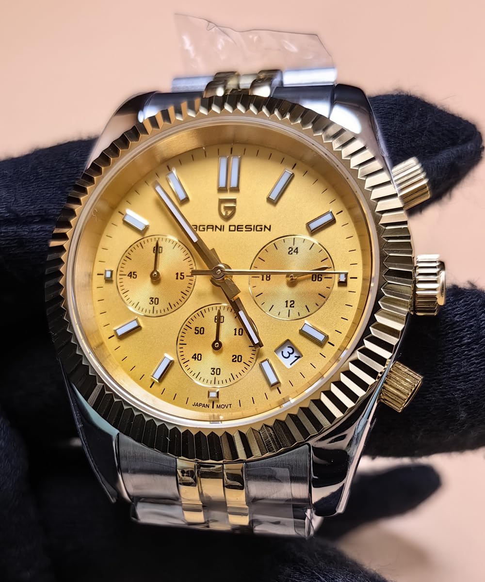 CEYADG Pagani Design - Reloj cronógrafo para Hombre, 40 mm, Reloj de Pulsera de Lujo para Negocios, Movimiento Japan VD53, Fecha, Dorado