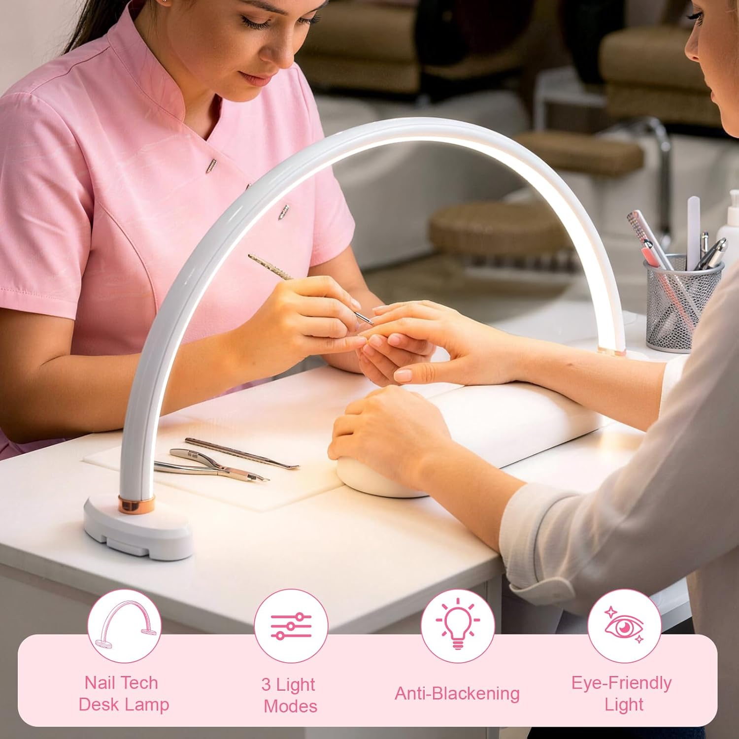 Half Moon Light for Nail Desk 20 inch Nail Desk Light Half Moon Lamp Portable Arch Lamp Dimmable with Foldable Bracket for Desk Salon Table Use, 3 Color Temperature