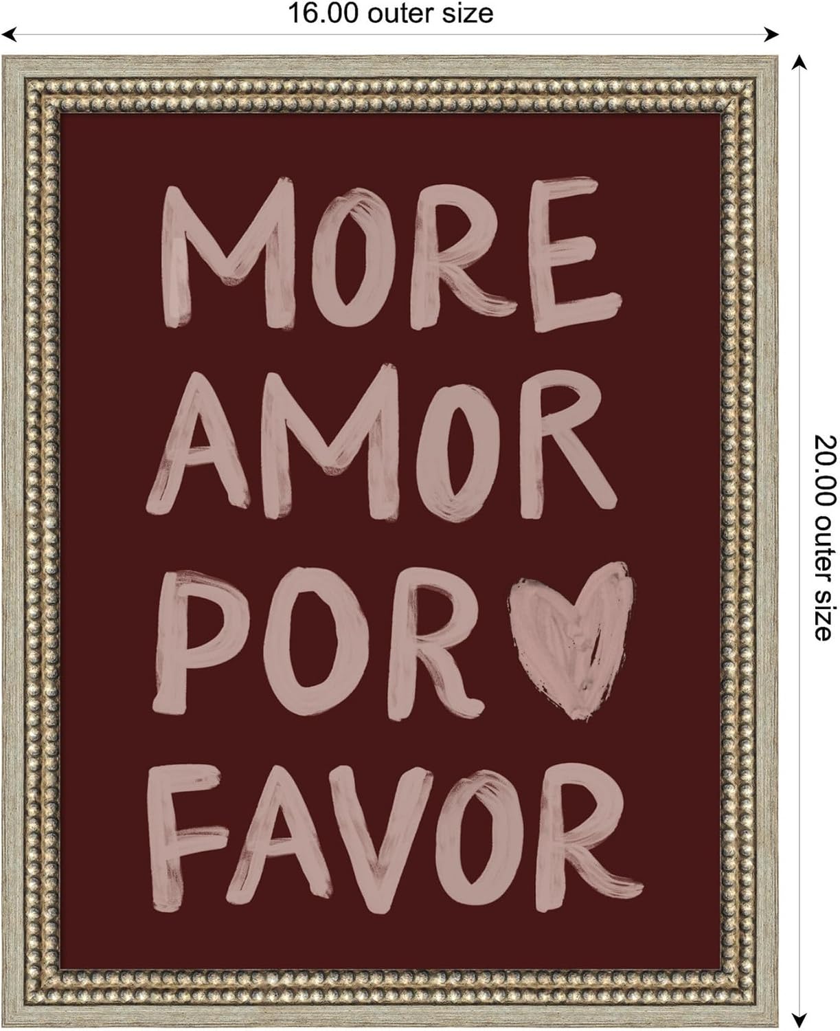Kate and Laurel Framed Wall Art Print More Amor Por Favor Hand Painted Typography Maroon by Lucky Guava, 16 x 20, Castellan Silver Frame, Modern Contemporary, Typography Art for Wall Decor