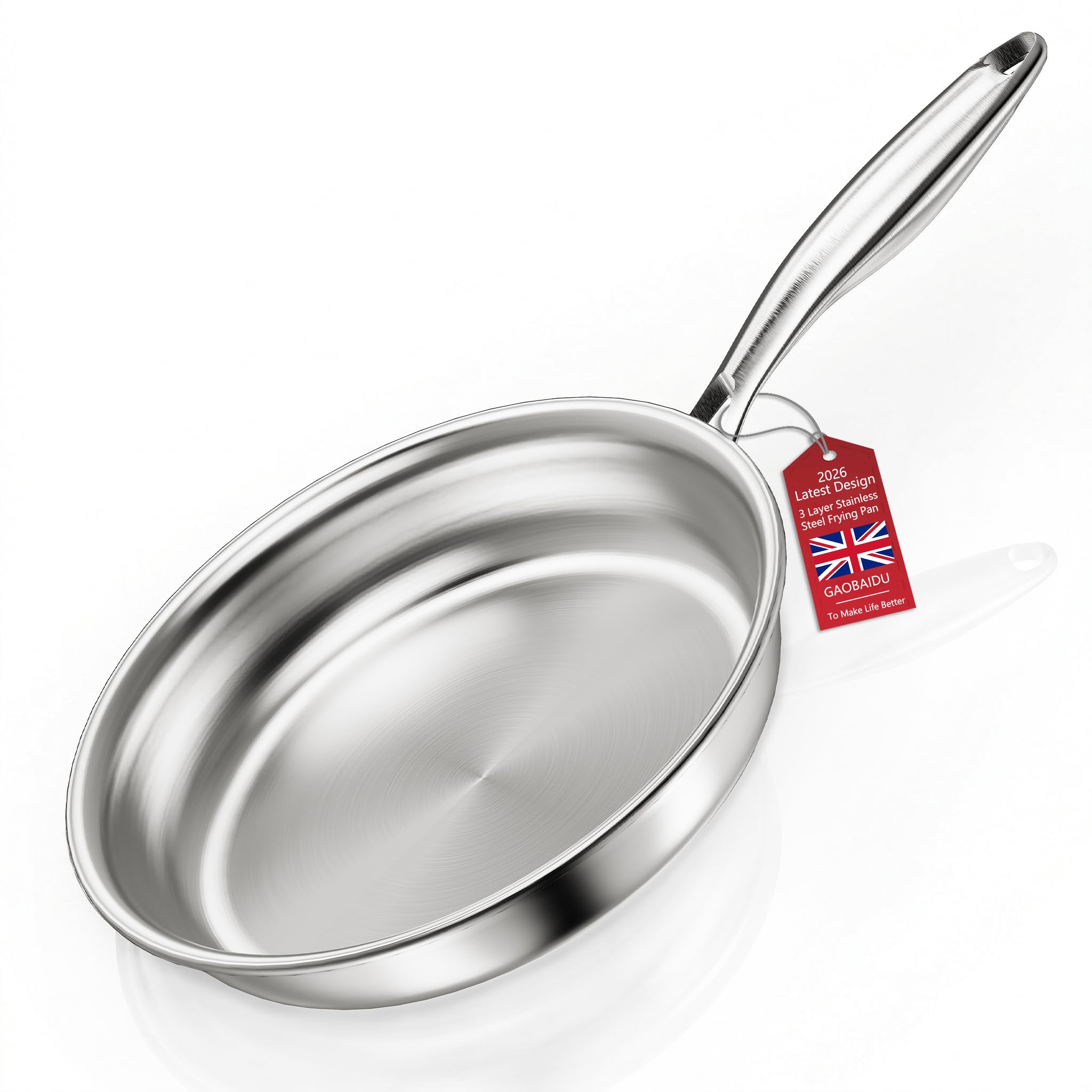 gaobaidu 3 Layer Stainless Steel Frying Pan，Fast & Even Heat,Uncoated Stainless Steel,All Cooktops Compatible Up to 400℃ (28CM q1)