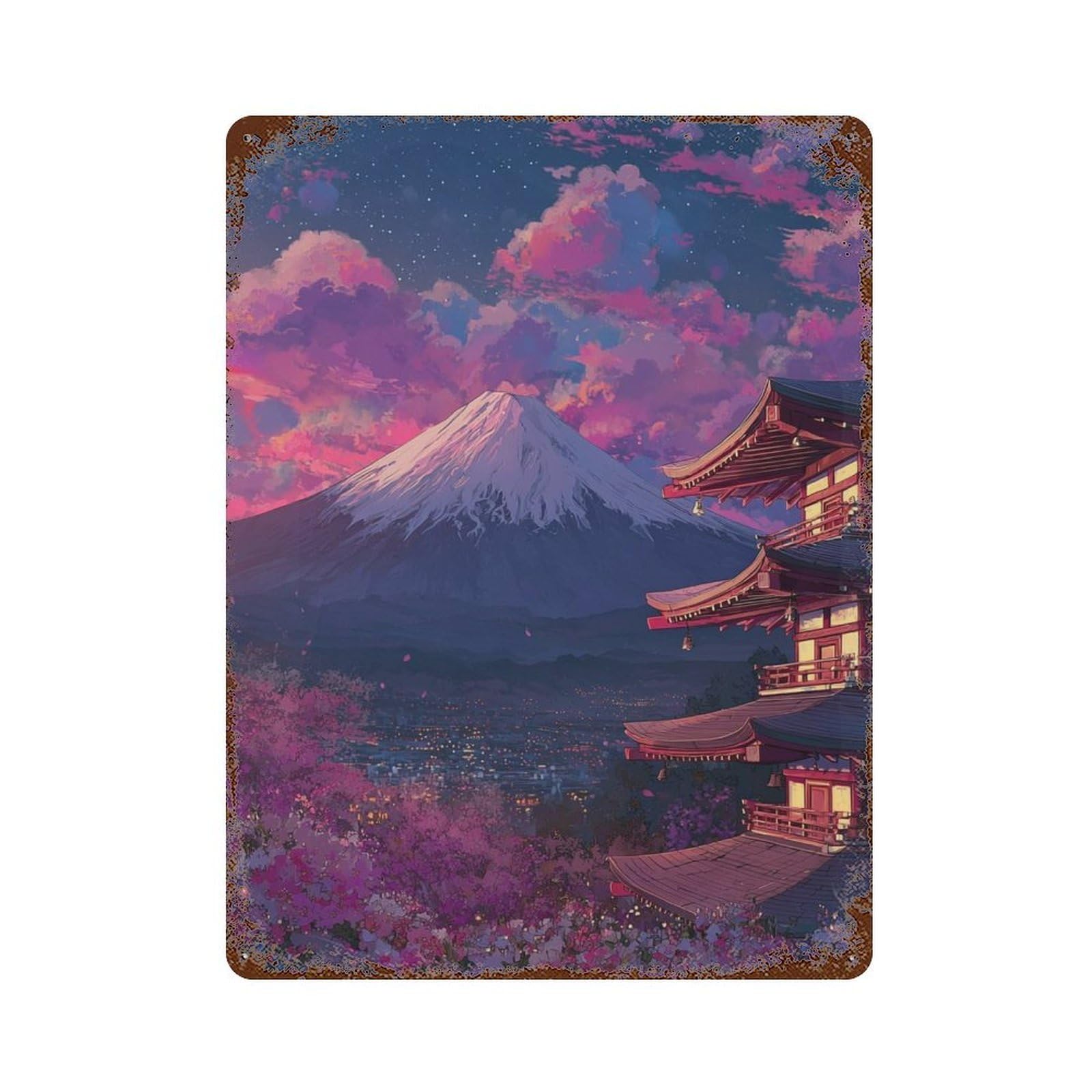 Garage Style Japan's Mount Fuji at Night Rustic Tin Plaque 15.7"x11.8", Farmhouse Wall Decor for Bar And Workshop