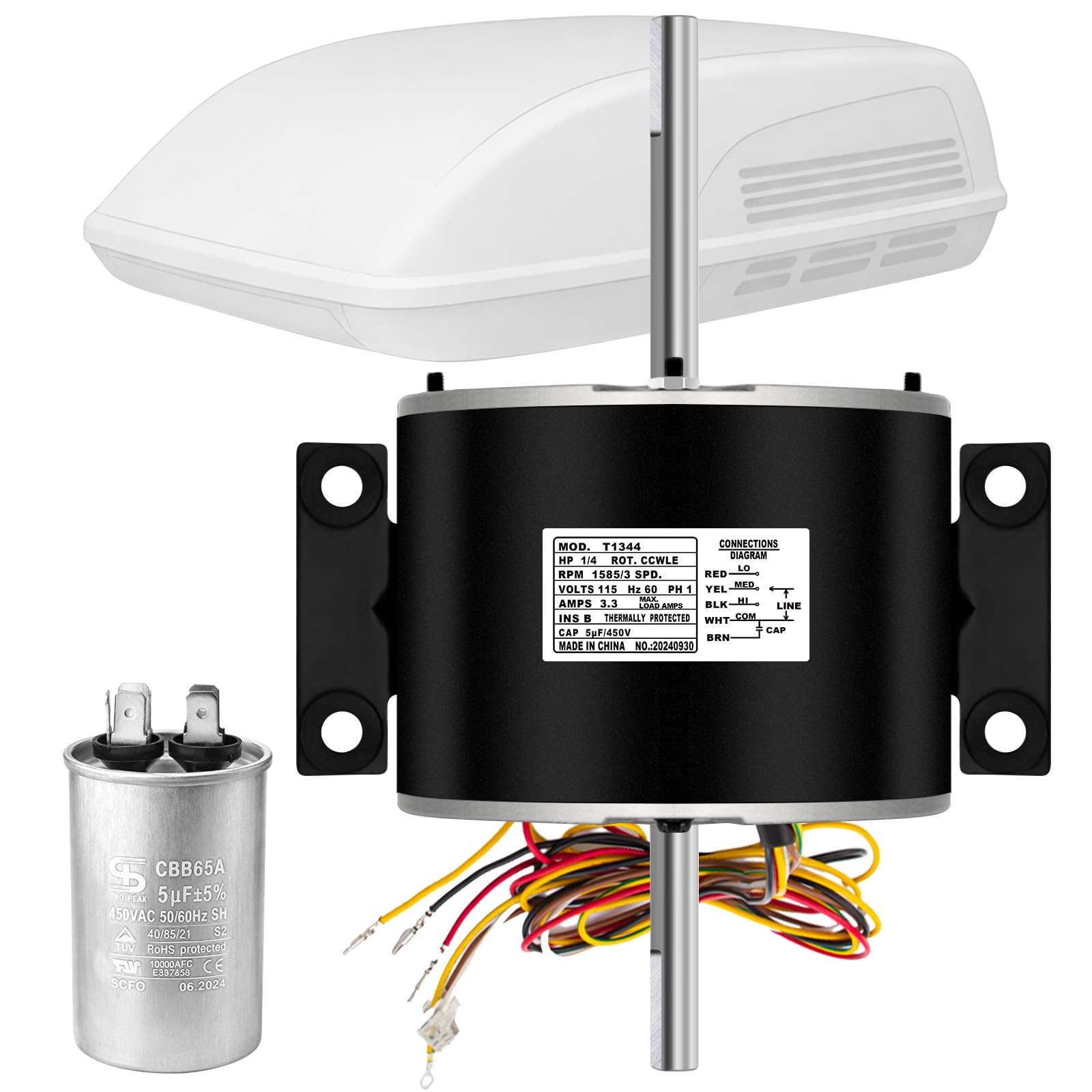 3315332.005 RV Air Conditioner Fan Motor with Capacitor, 1/4 HP, 3-Speed, Compatible with Dometic Brisk Air II, Genteq F48AF70A61