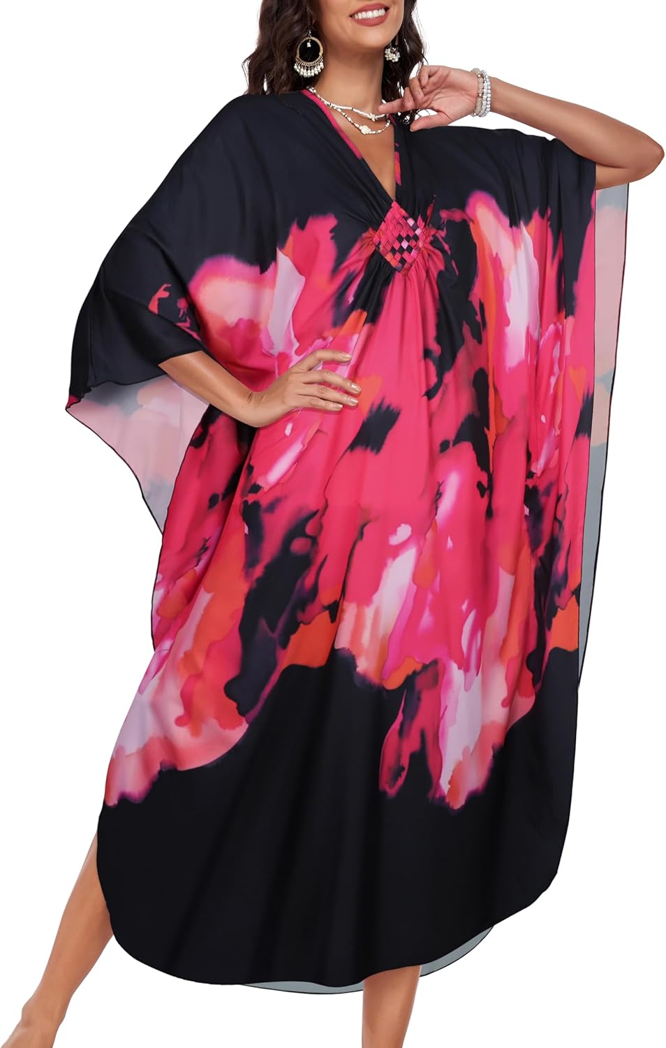Kaftan Dresses for Women Plus Size V Neck Caftans Long Batwing Sleeve Beach Cover Ups Summer Floral Print Dress - Image 3