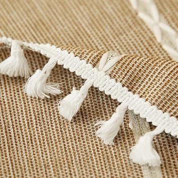 Round Tablecloth 55 Inch (140cm) - Coffee Linen-Look Polyester Table Cover with Tassel Trim, Wrinkle Free & Wipeable for Dining, Kitchen, Parties