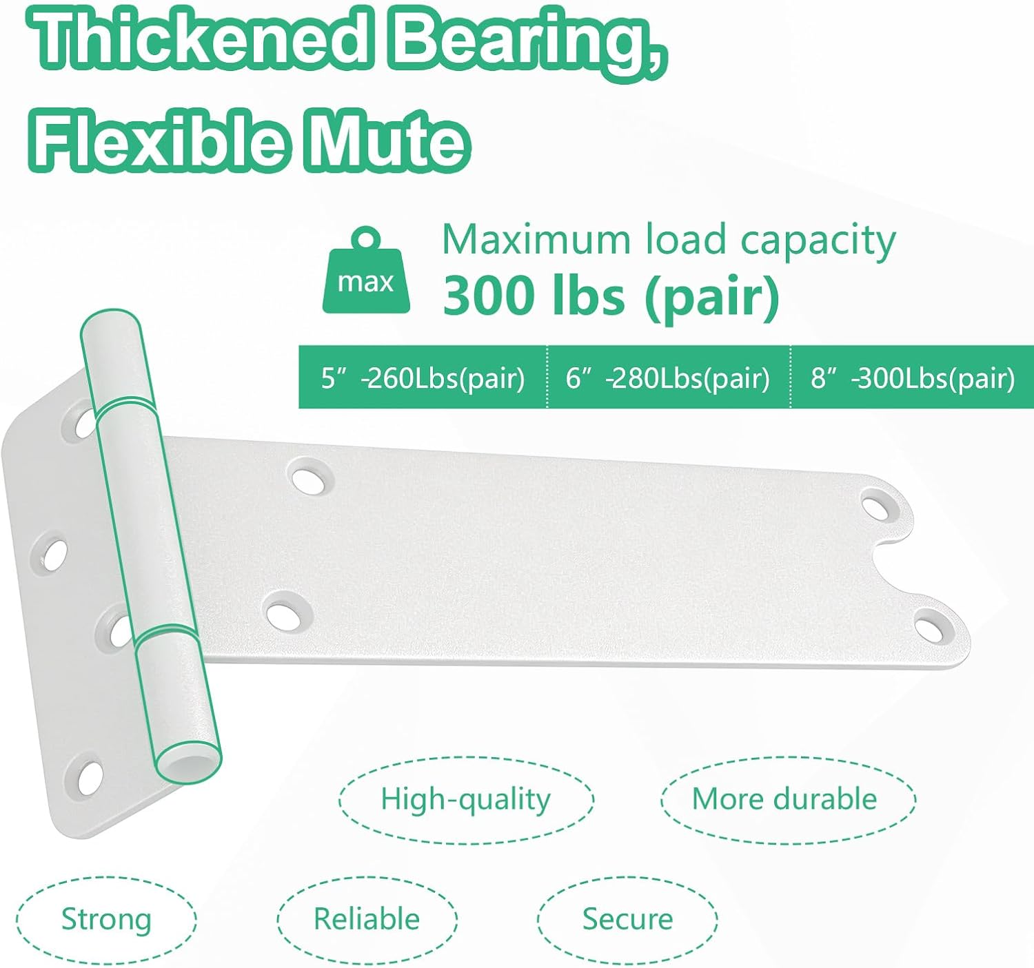 8 inch Gate Hinges,300 Lbs Capacity, Matte White Hinges,6 Pack Heavy Duty Door Hinge, T-Strap Shed Gate Hinges,Hardware for Wooden Fences, Barn Door Hinge (8 in - 6 Pack - U)-Patent Pending